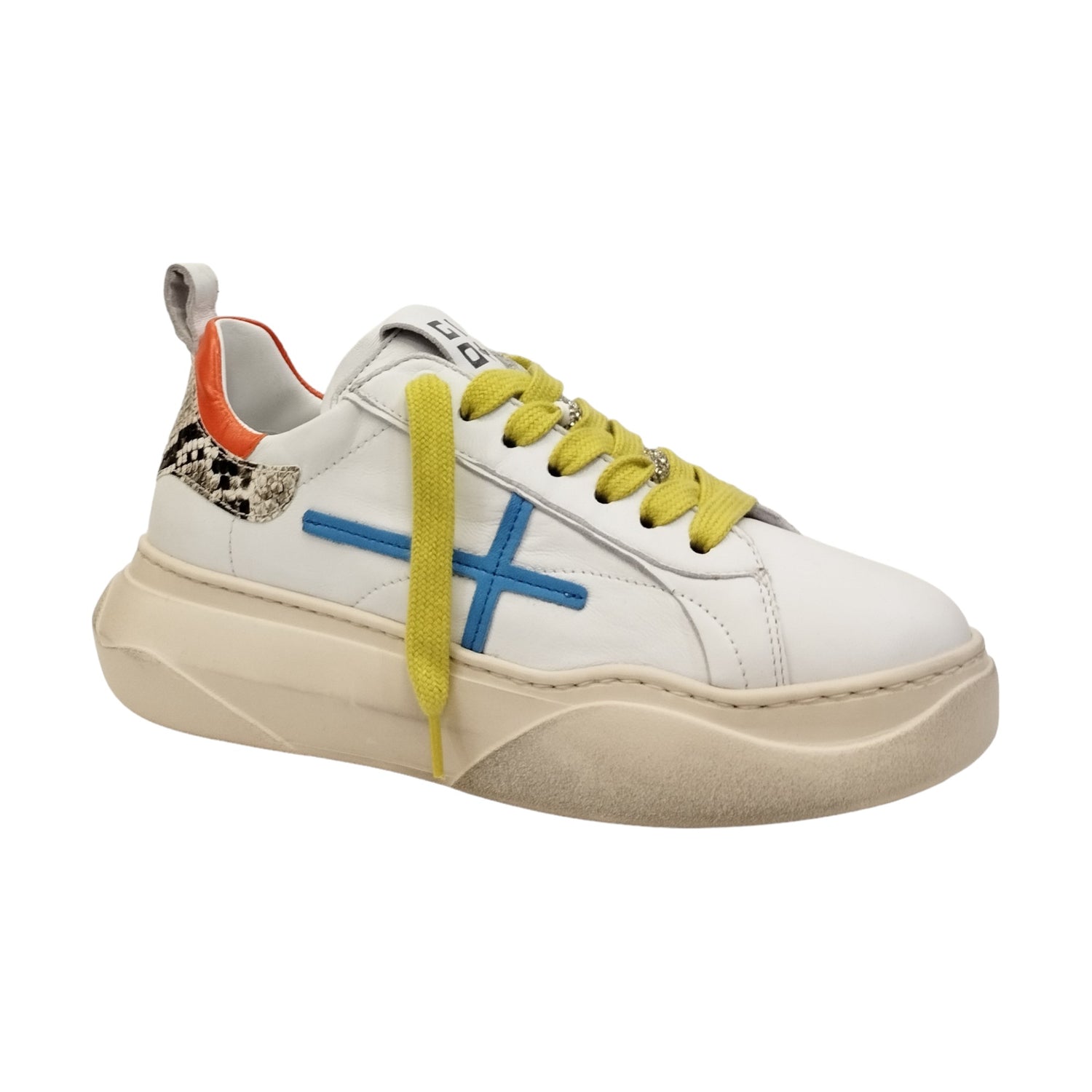 Gio+ Sneakers Donna in Pelle Bianca Arancione con Lacci Giallo Fluo