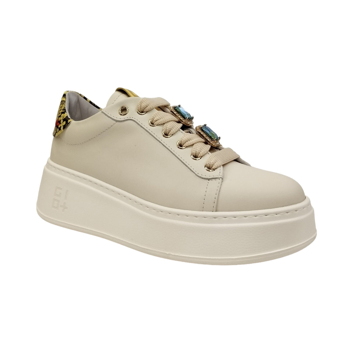 Gio+ Sneakers Platform Donna in Pelle Latte con Accessorio Turchese