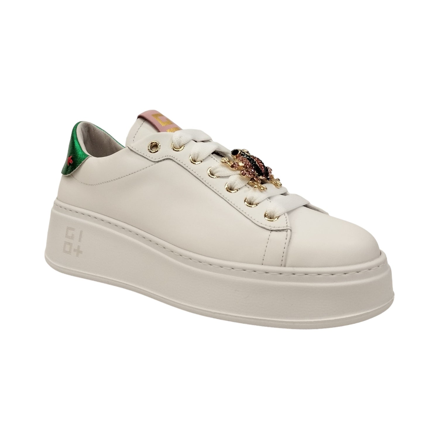 Gio+ Sneakers Platform Bianca  con Talloncino Verde Laminato