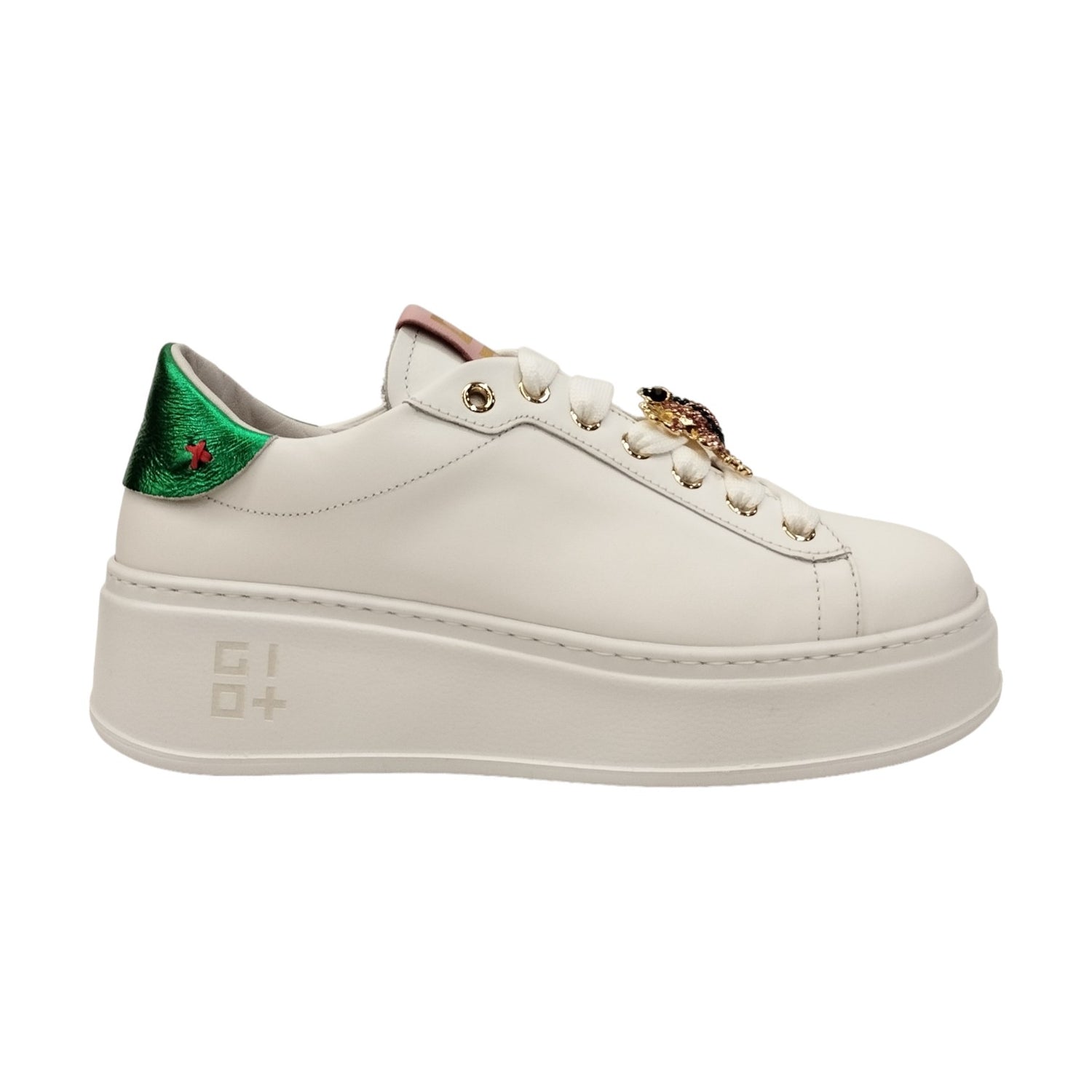 Gio+ Sneakers Platform Bianca  con Talloncino Verde Laminato