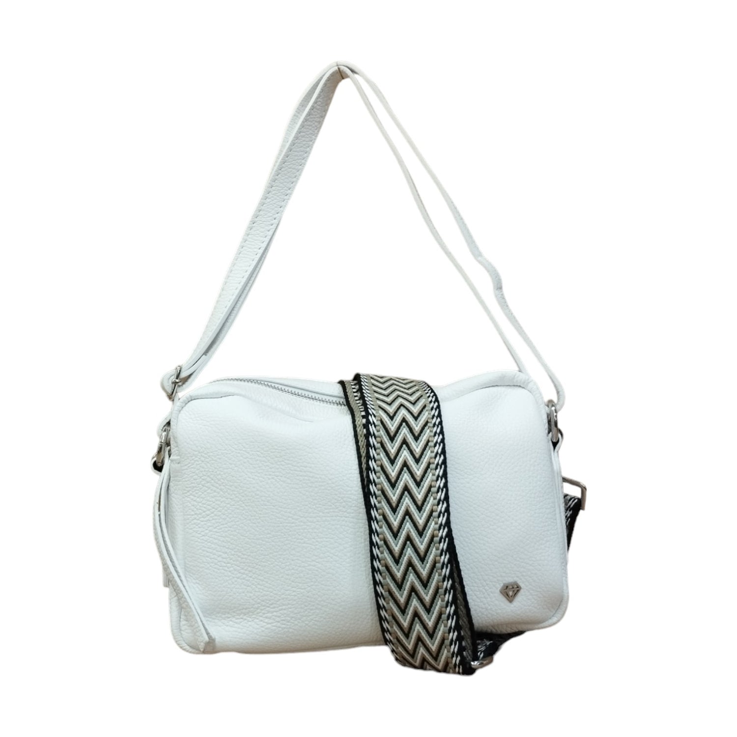Caleidos Borsa a Tracolla Donna in Pelle Martellata Bianca con Doppia Tracolla