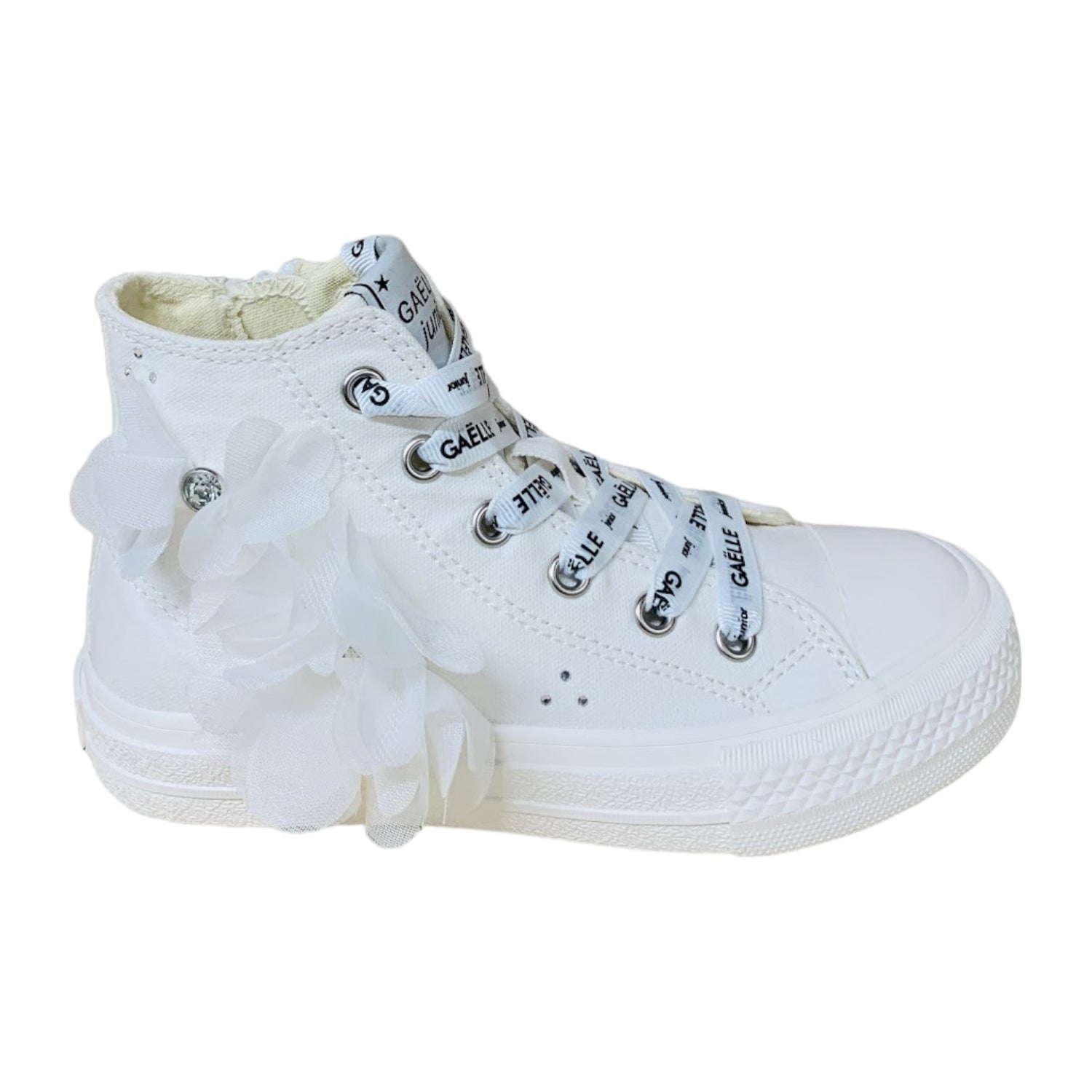 Gaelle Sneakers Alta Bambina in Tessuto Bianca con Applicazioni Fiori in Tulle