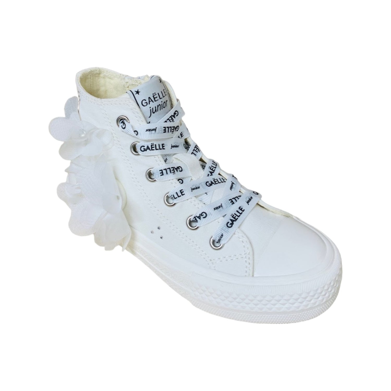 Gaelle Sneakers Alta Bambina in Tessuto Bianca con Applicazioni Fiori in Tulle con Lacci Logati