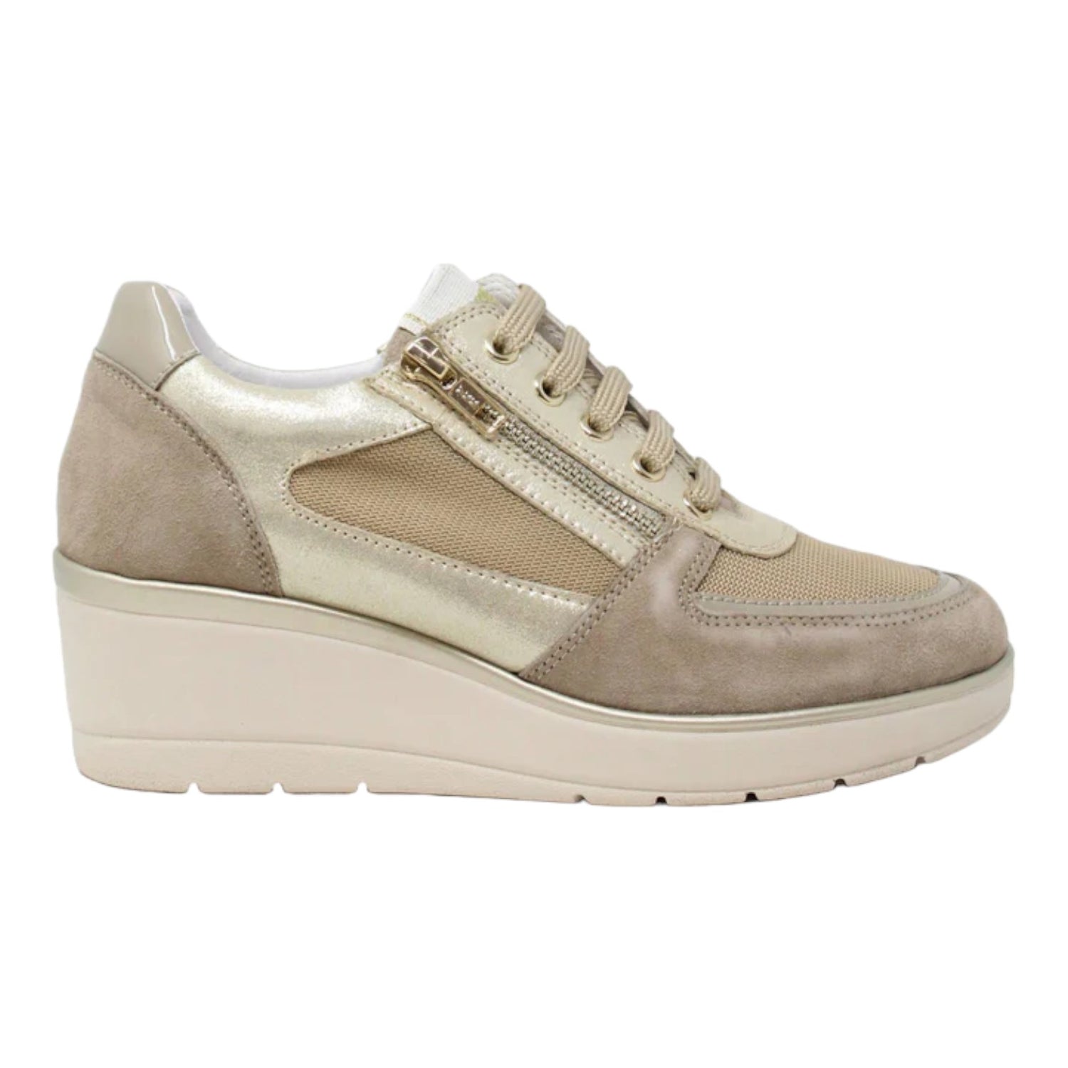 Valleverde Sneakers Beige in Pelle e Tessuto con Zeppa