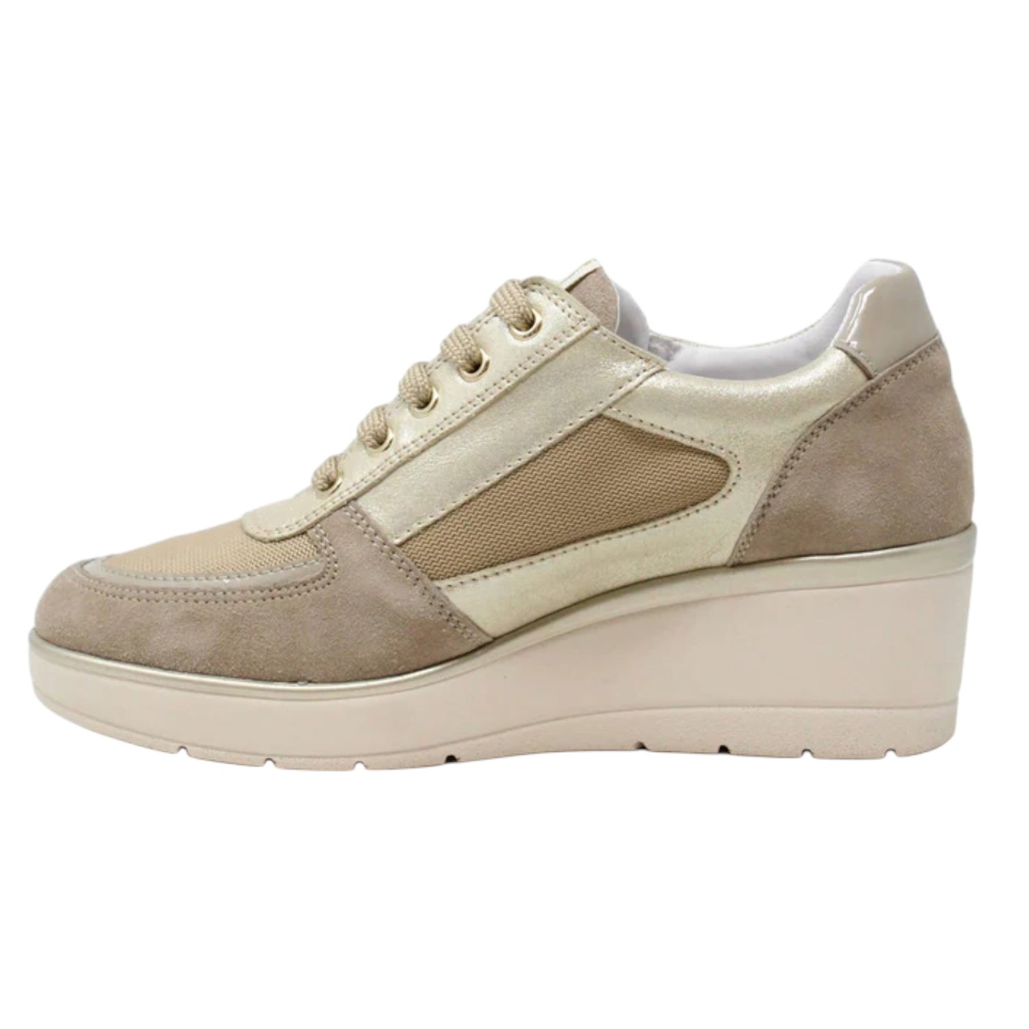 Valleverde Sneakers Beige in Pelle e Tessuto con Zeppa