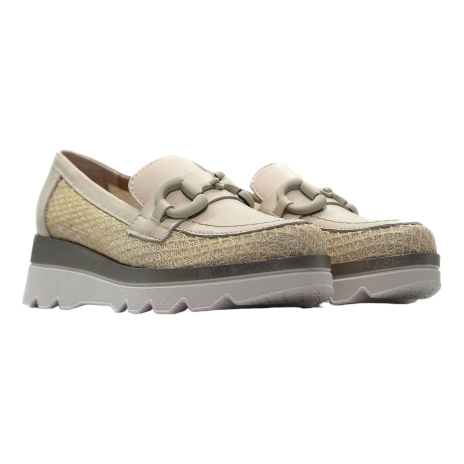 Pitillos Mocassino Donna in Pelle Crema con Catena e Inserto in Tessuto