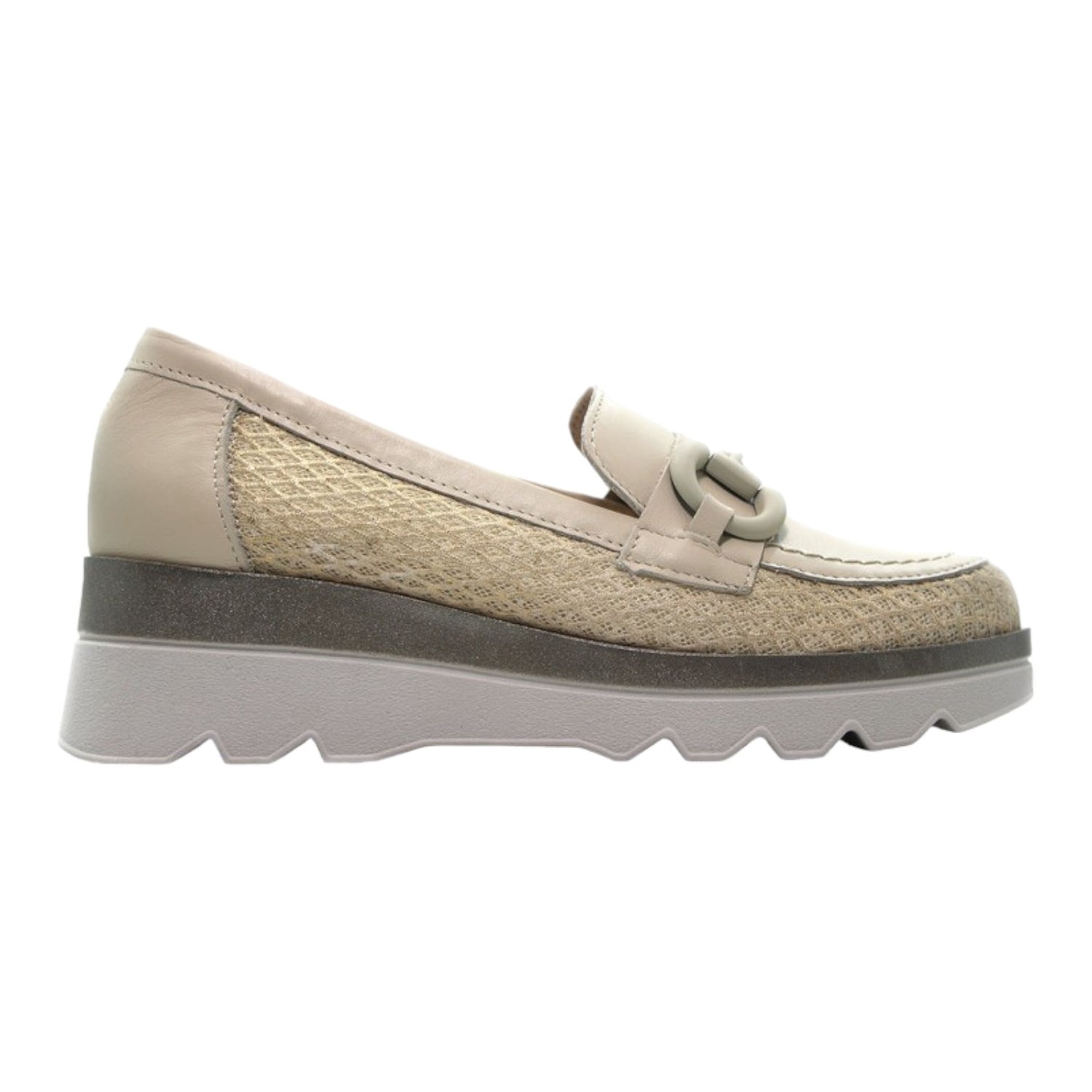 Pitillos Mocassino Donna in Pelle Crema con Catena e Inserto in Tessuto