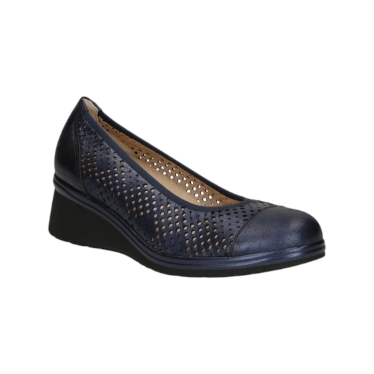 Pitillos Décolleté Donna in Pelle Blu Traforata con Punta Tonda e Zeppa