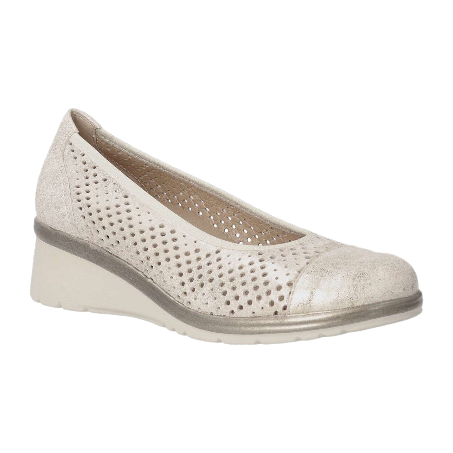 Pitillos Décolleté Donna in Pelle Oro Traforata con Punta Tonda e Zeppa