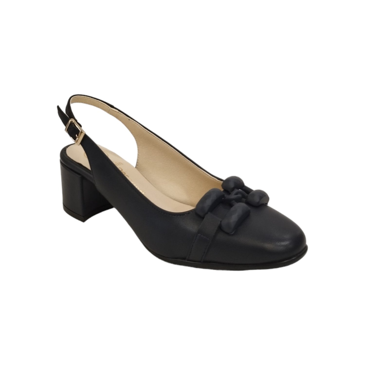 Descanflex Chanelle Donna in Pelle Blu con Catena e Tacco Largo di 6cm