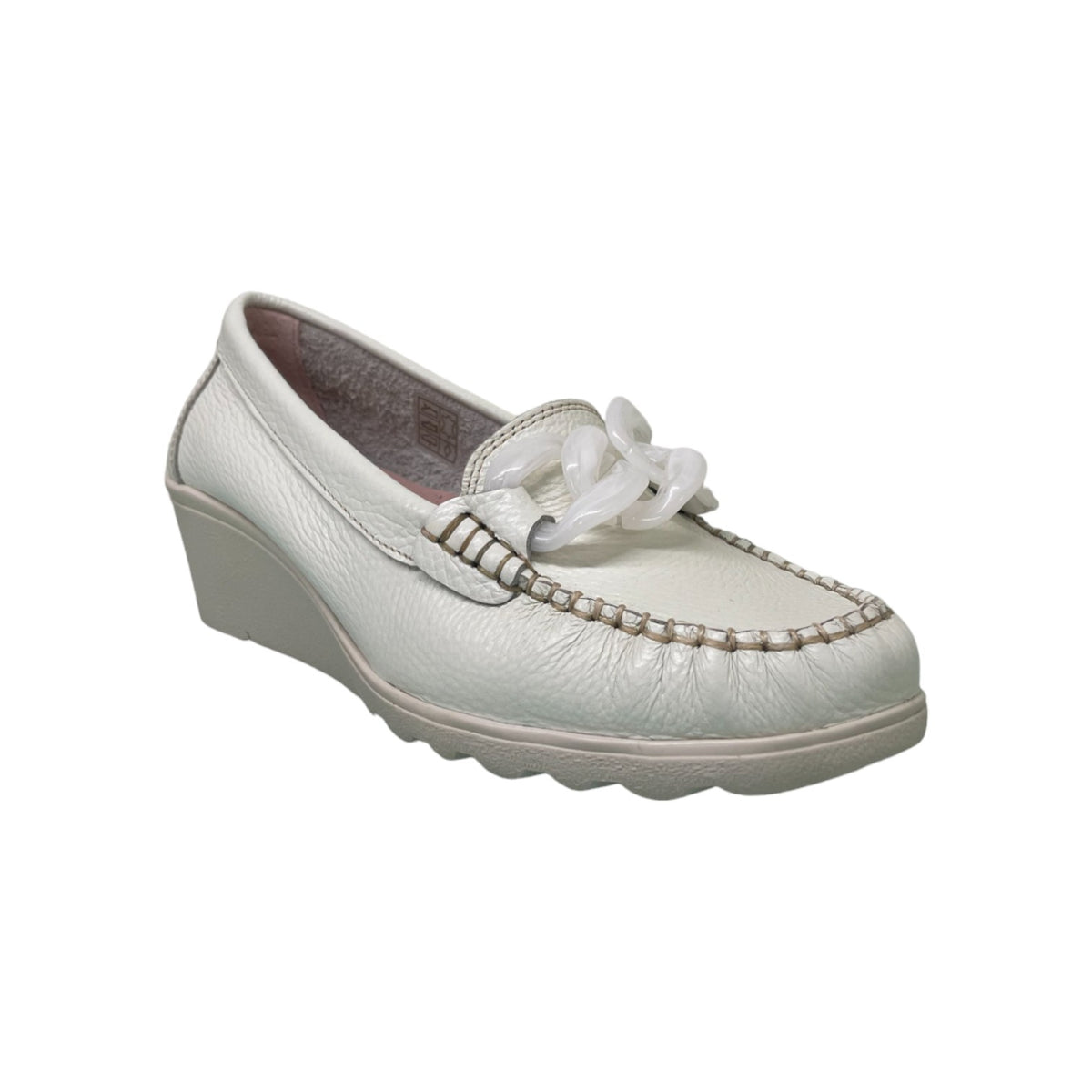 Descanflex Mocassino Donna in Pelle Morbida Beige con Catena e Zeppa