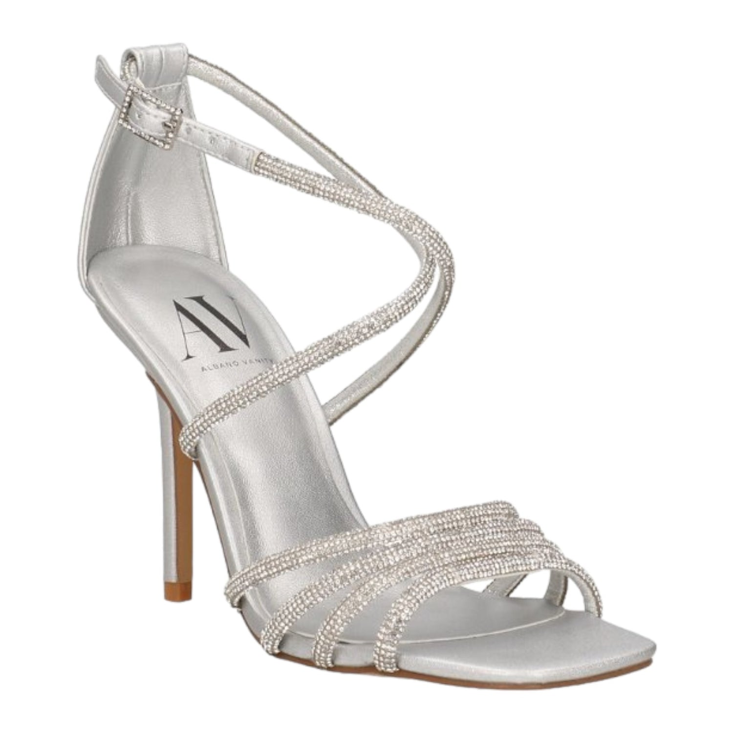 Albano Vanity Sandalo con Tacco a Spillo 100mm Donna con Fasce Incrociate Frontali Strass in Colore Argento