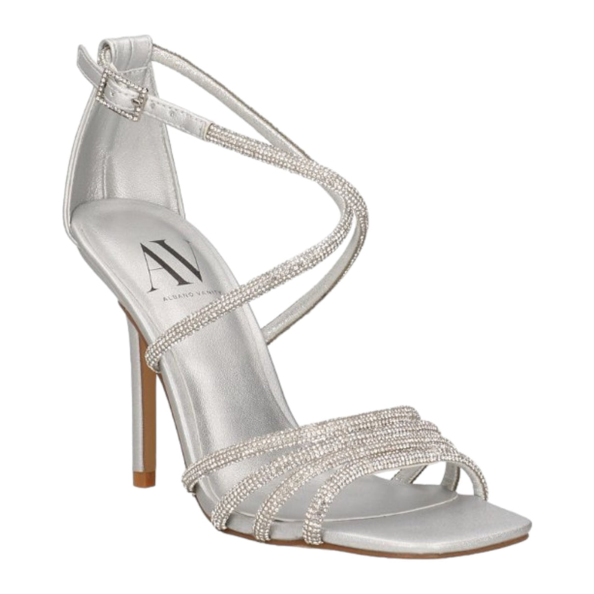 Albano Vanity Sandalo con Tacco a Spillo 100mm Donna con Fasce Incrociate Frontali Strass in Colore Argento