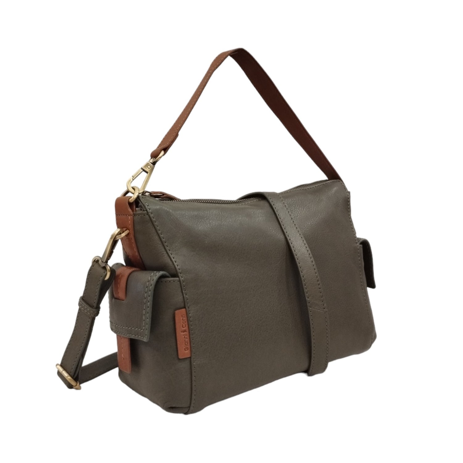 Gianni Conti Borsa a Spalla Media Donna in Pelle Verde con Tracolla e Tasche Laterali