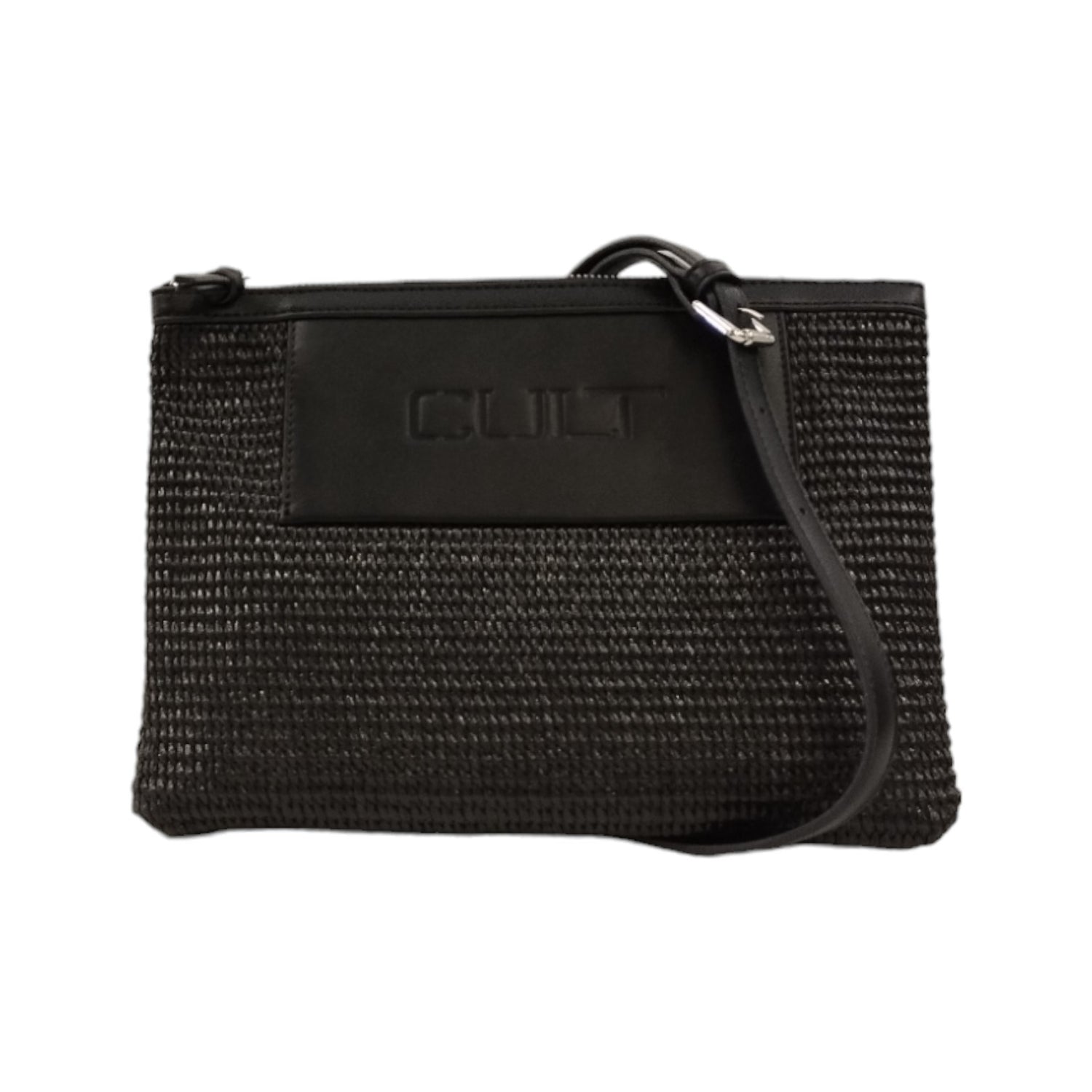 Cult Pochette Nera in Ecopelle e Raffia con Tracolla