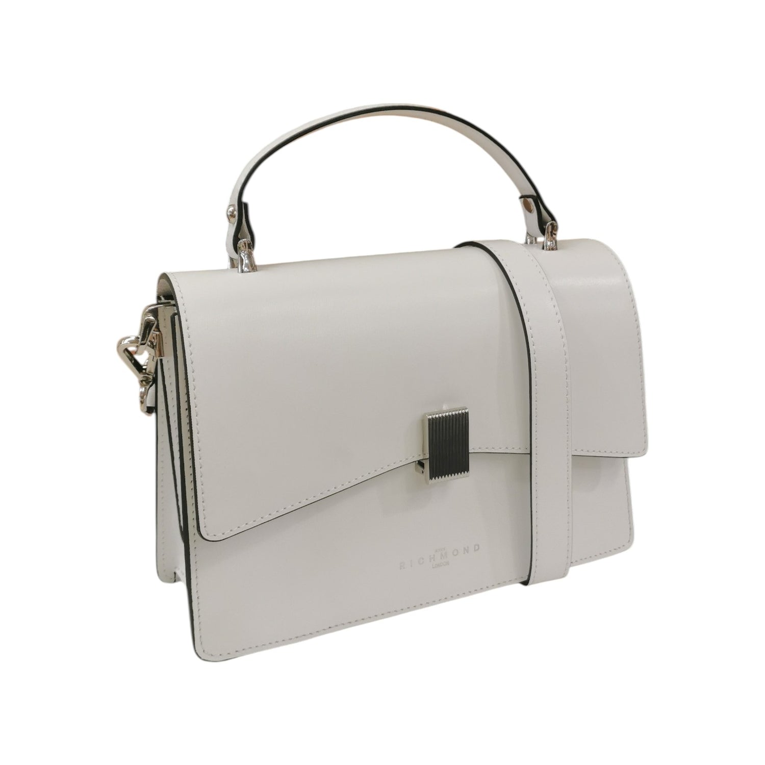 John Richmond Borsa a Mano Donna in Pelle Bianca con Metalleria Argento e Tracolla