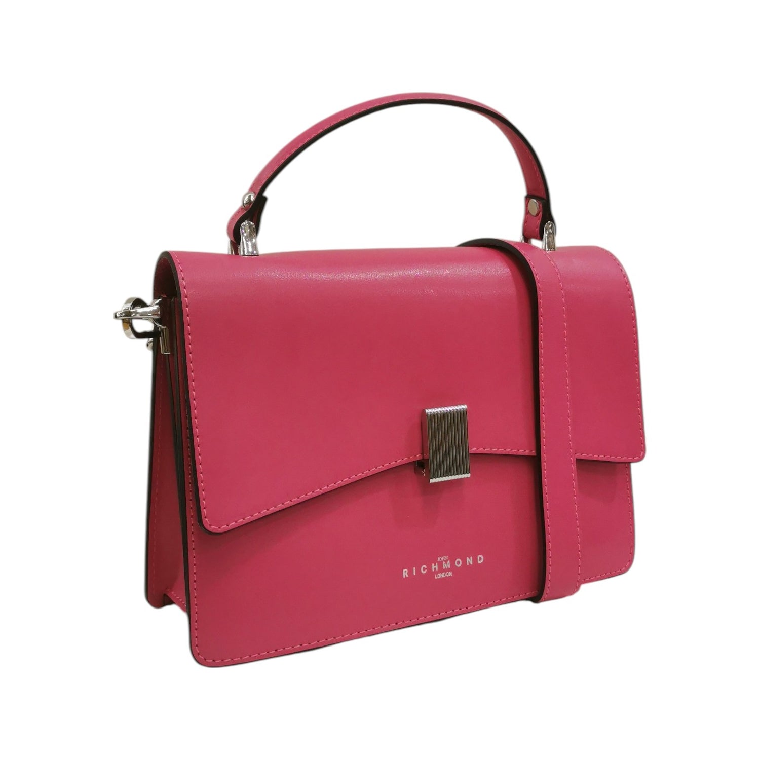 John Richmond Borsa a Mano Donna in Pelle Fucsia con Metalleria Argento e Tracolla Removibile