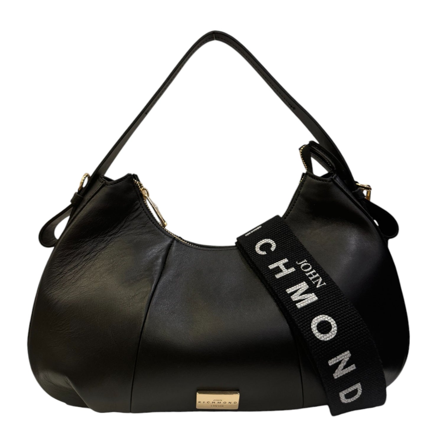 John Richmond Borsa a Spalla Donna in Pelle Nera e Metalleria Oro con Tracolla in Tessuto Logo