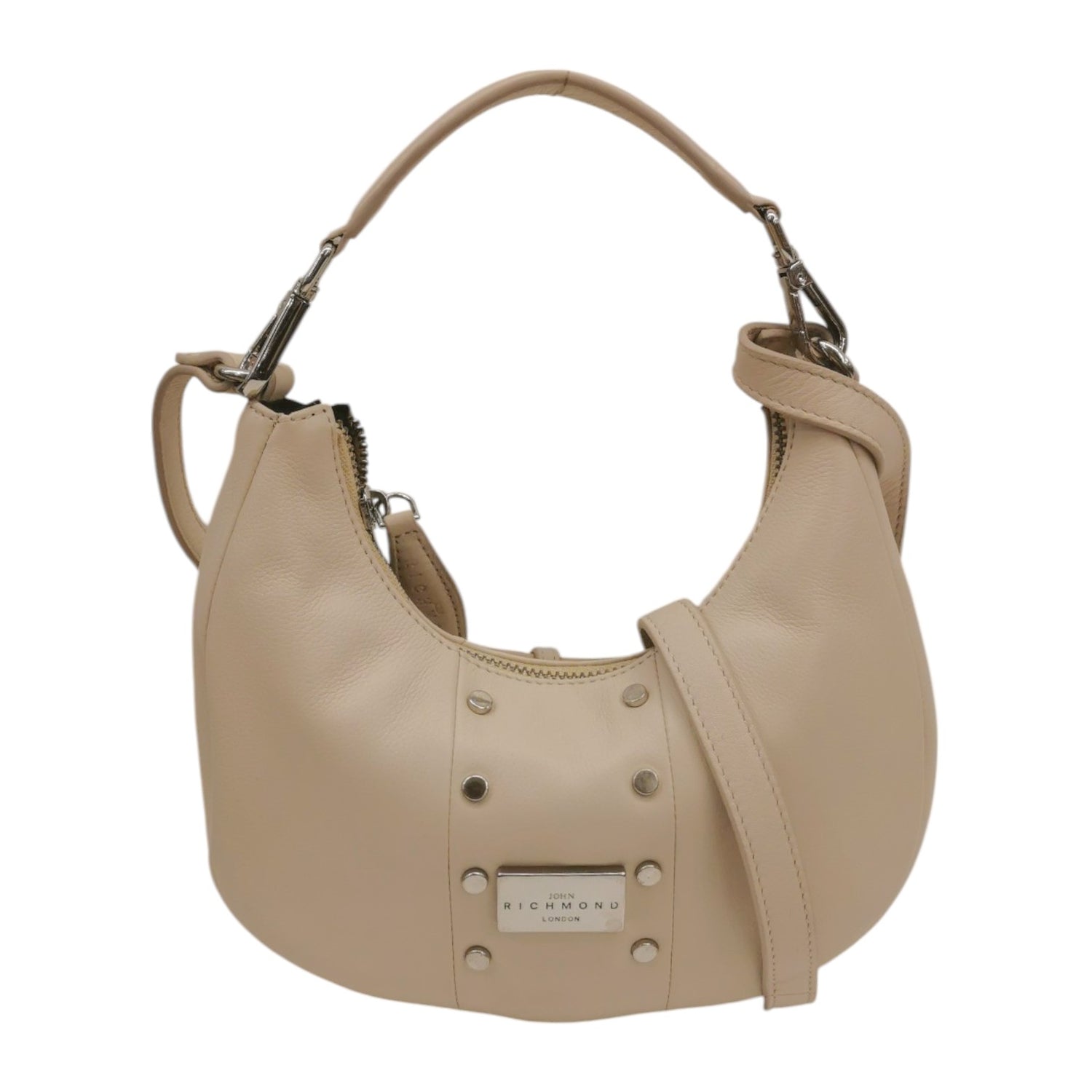 John Richmond Mezza Luna Piccola Donna in Pelle Beige con Tracolla e Borchie Frontali