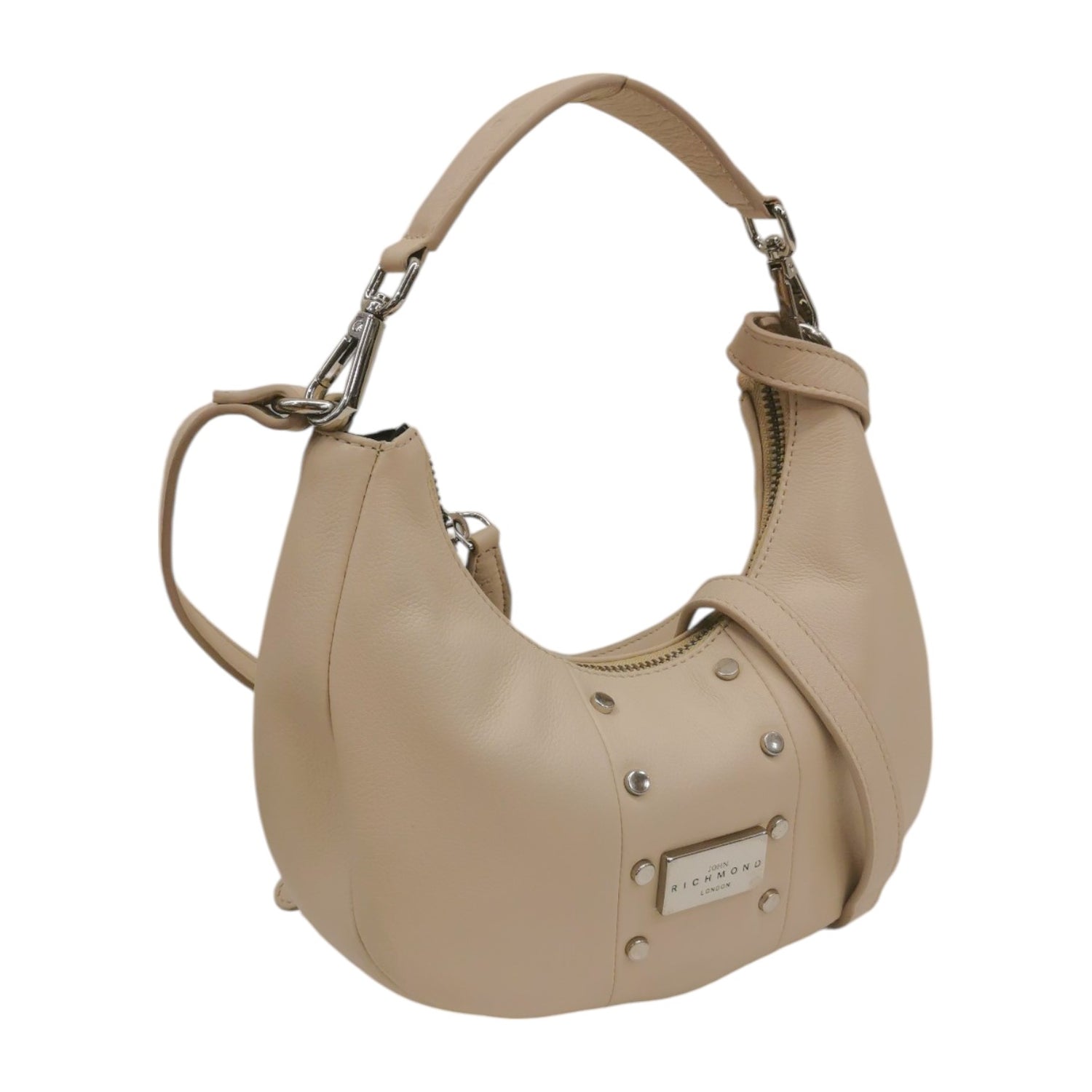 John Richmond Mezza Luna Piccola Donna in Pelle Beige con Tracolla e Borchie Frontali