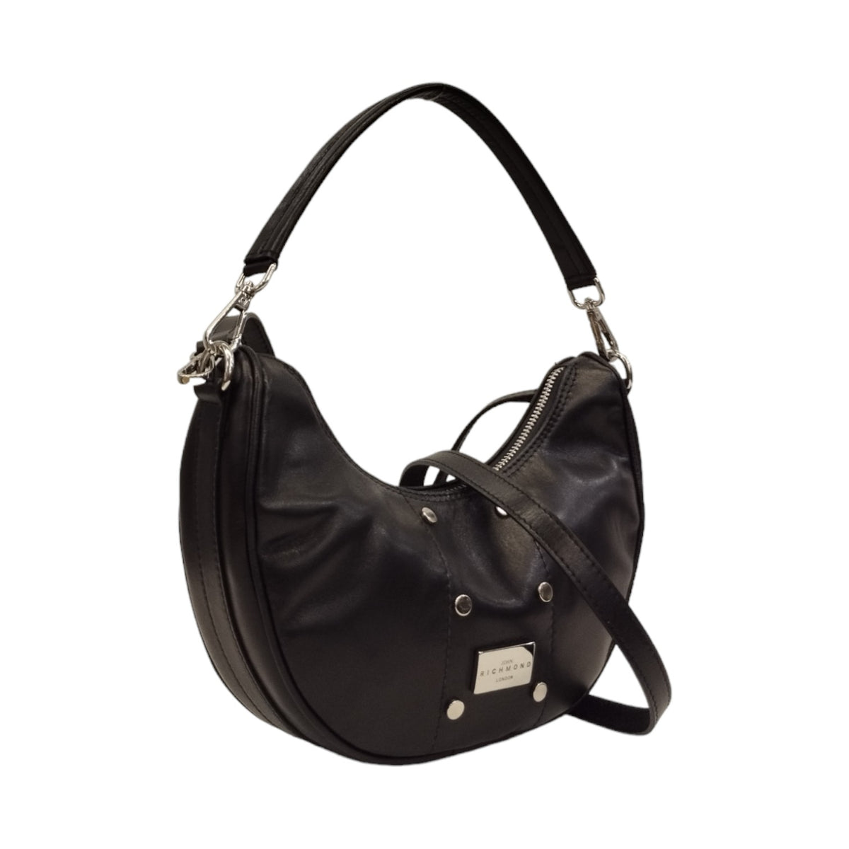 John Richmond Mezza Luna Piccola Donna in Pelle Nera con Tracolla e Borchie Frontali