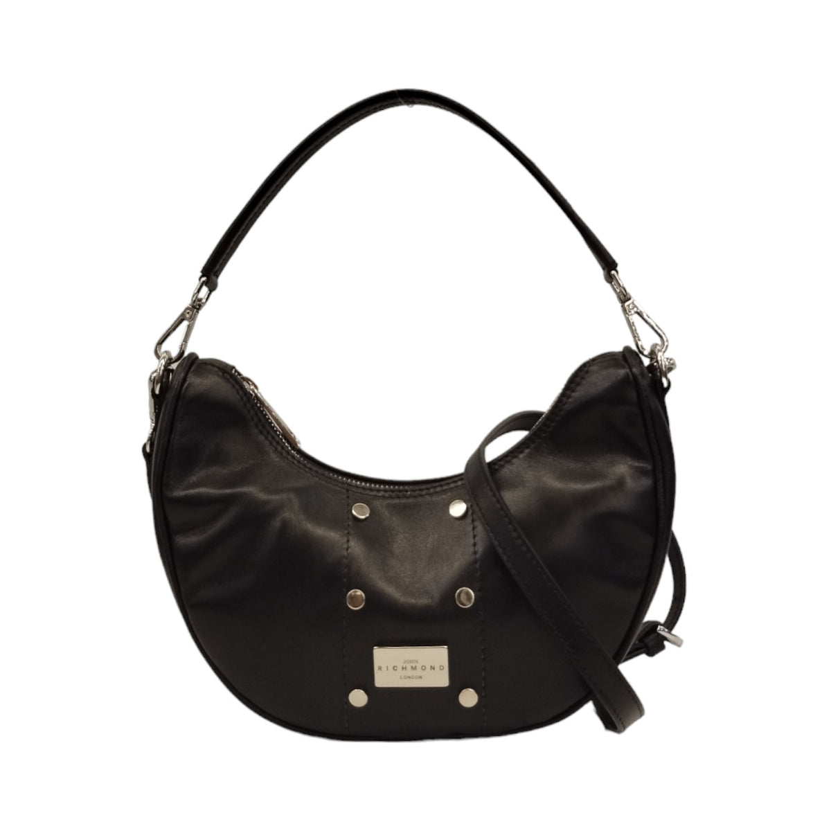 John Richmond Mezza Luna Piccola Donna in Pelle Nera con Tracolla e Borchie Frontali
