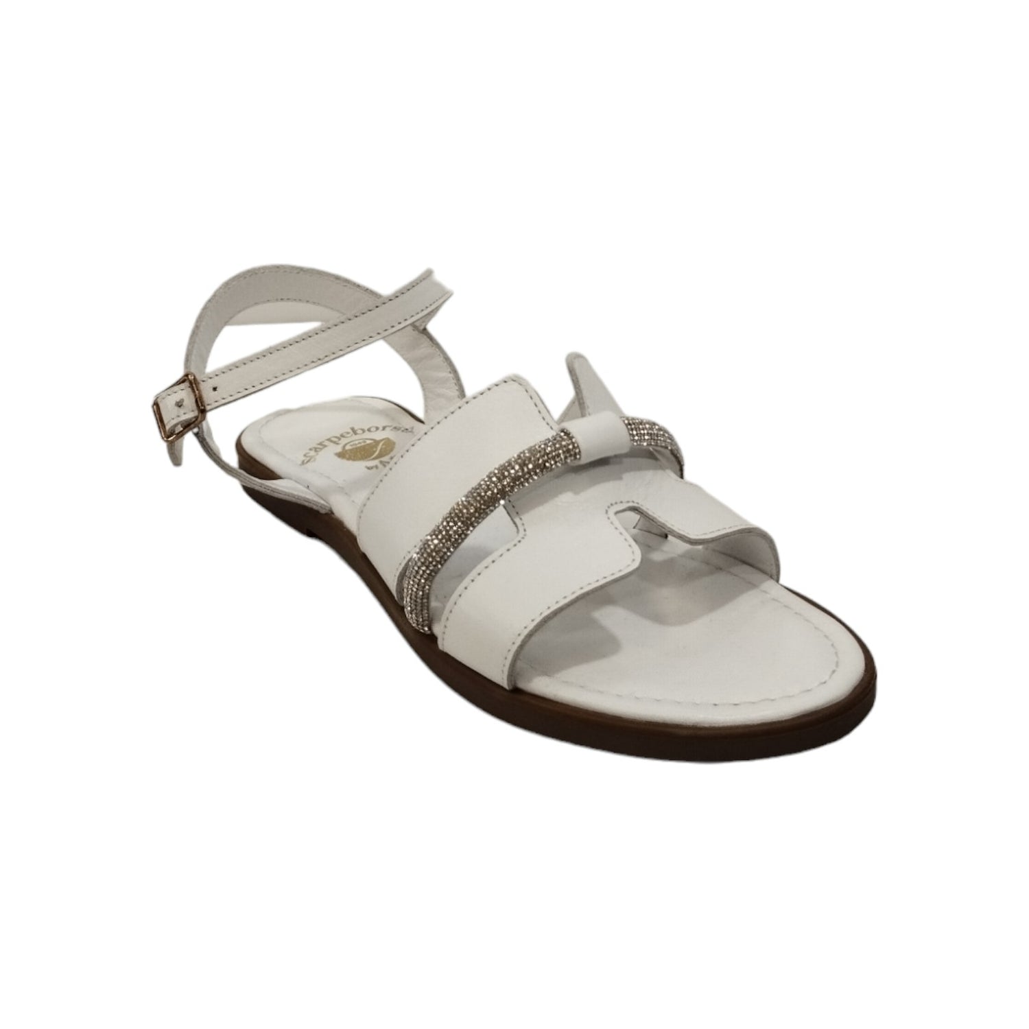 Scarpeborseonline Sandalo Bianco Argento con Applicazione di Strass