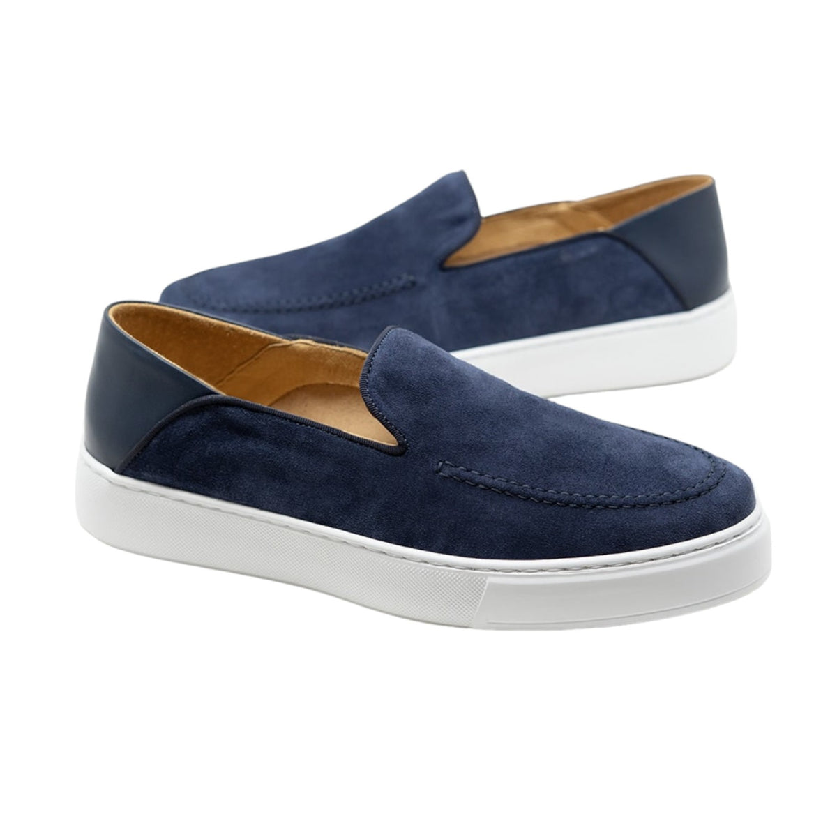 Exton Mocassino Uomo in Camoscio Blu con Fondo Bianco e Cuciture sulla Tomaia