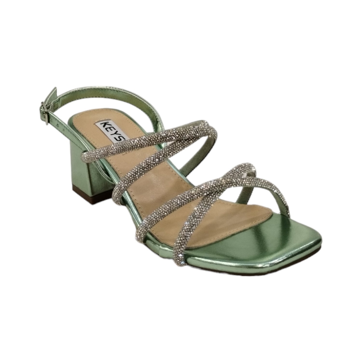 Keys Sandalo in Ecopelle Laminata Verde con Strass e Tacco Largo 60mm