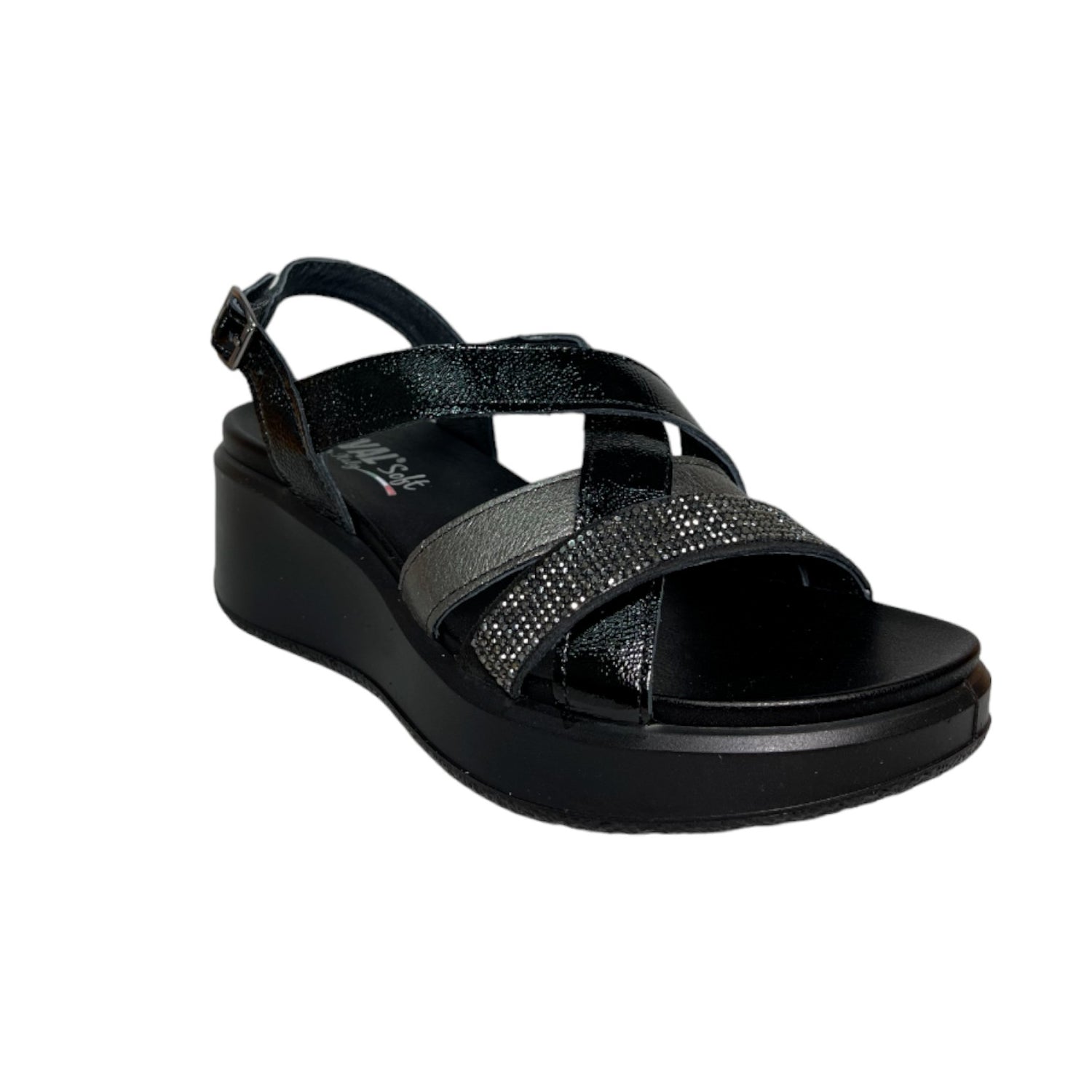 Enval Soft Sandalo Nero in Vernice e Strass con Zeppa