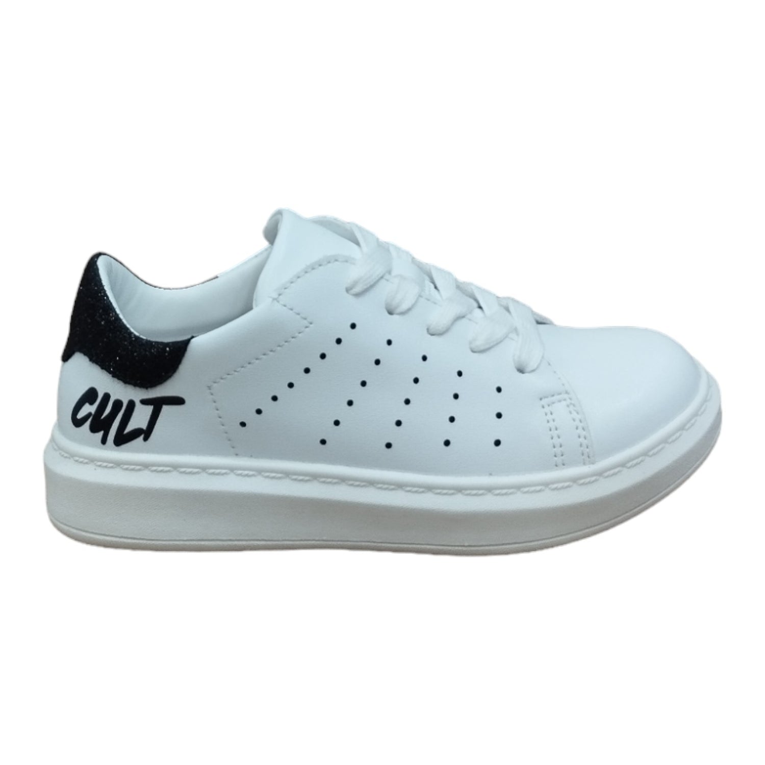 Cult Sneakers Bianca con Talloncino Nero Glitterato da Bambina