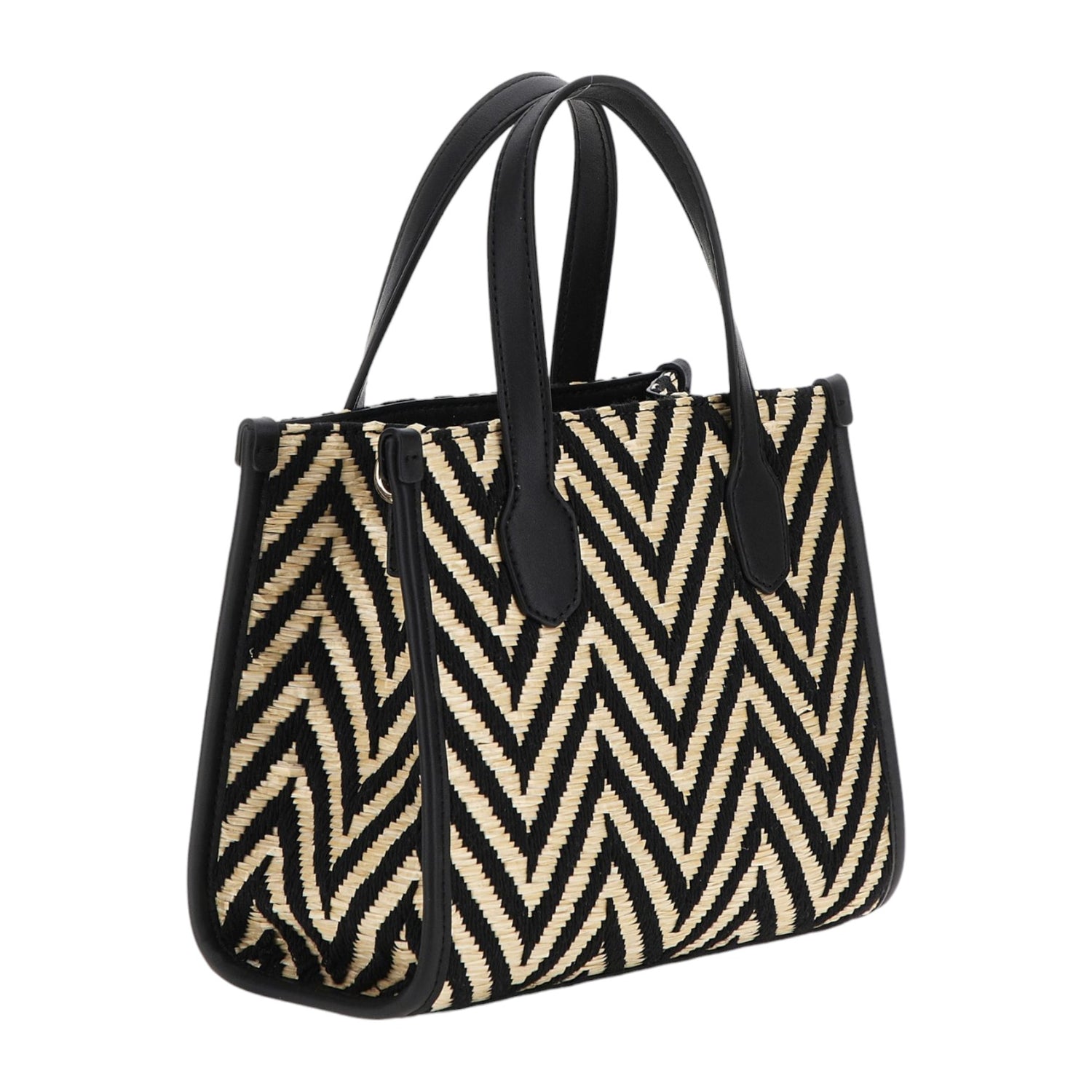 Guess Mini Borsa a Mano Silvana Nera in Raffia con Tracolla