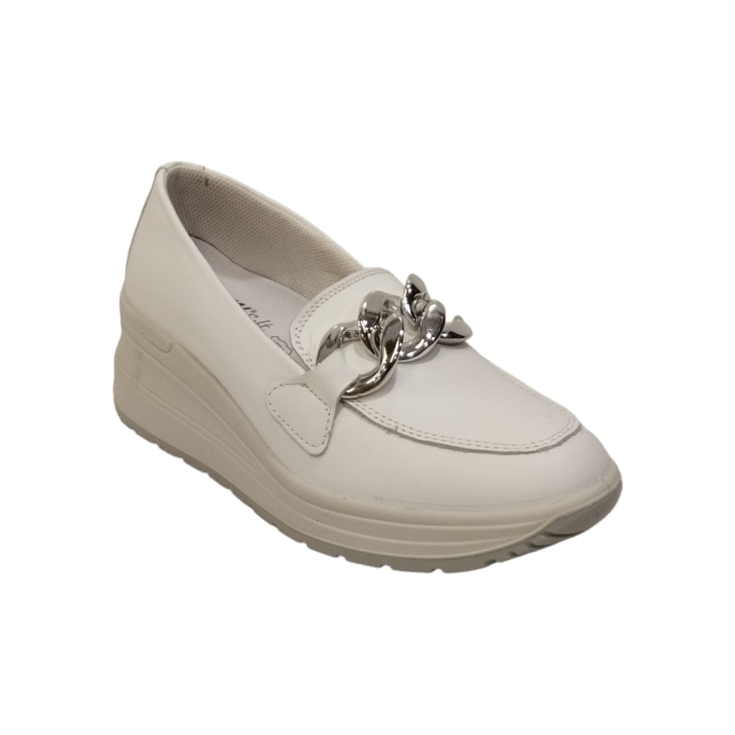 Enval Soft Mocassino Bianco in Pelle con Zeppa e Catena