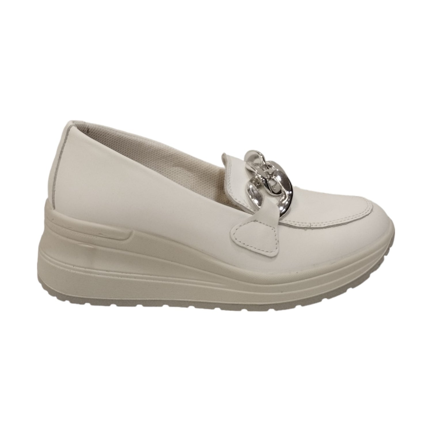 Enval Soft Mocassino Bianco in Pelle con Zeppa e Catena