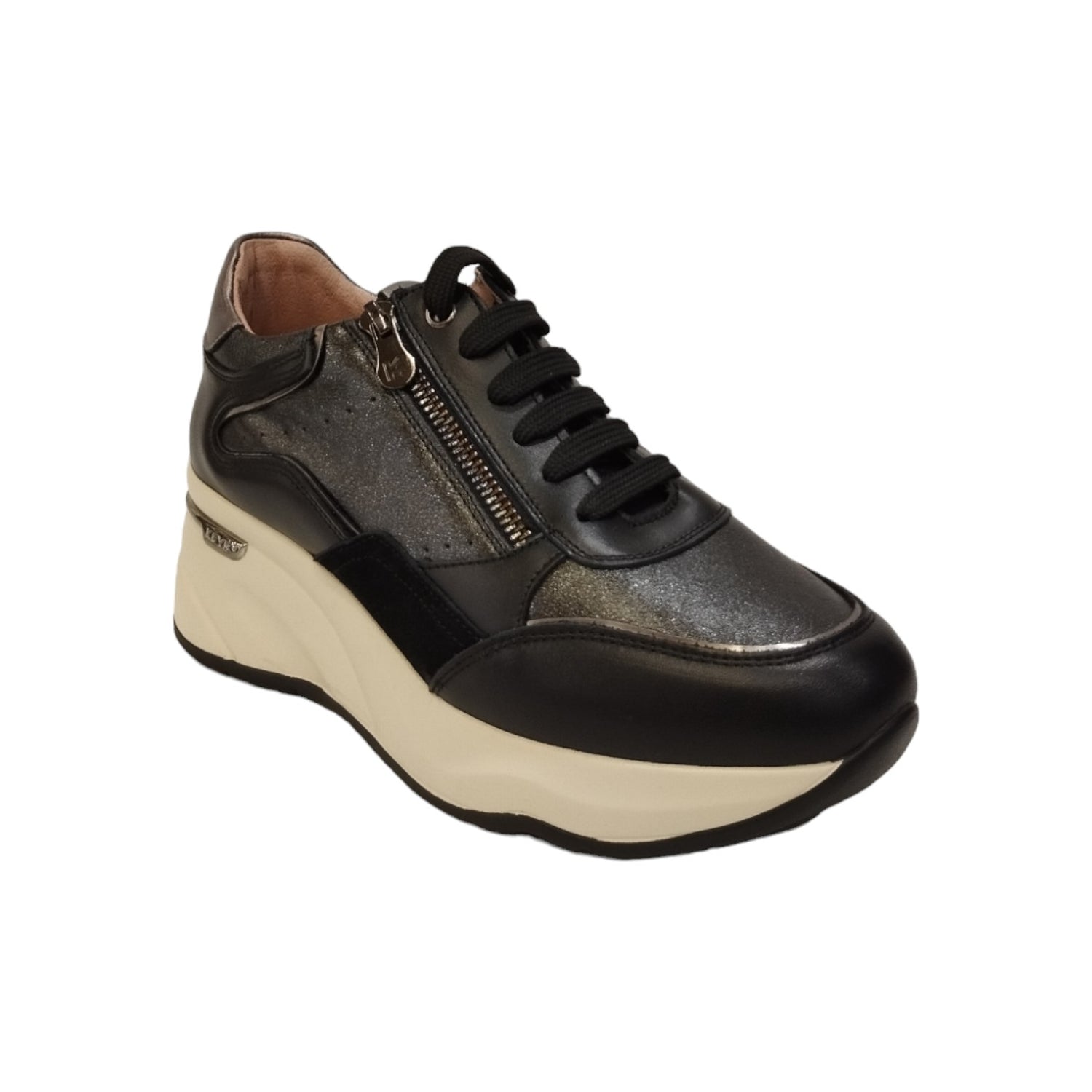 Keys Sneakers Donna in Pelle Laminata Nera con Zeppa