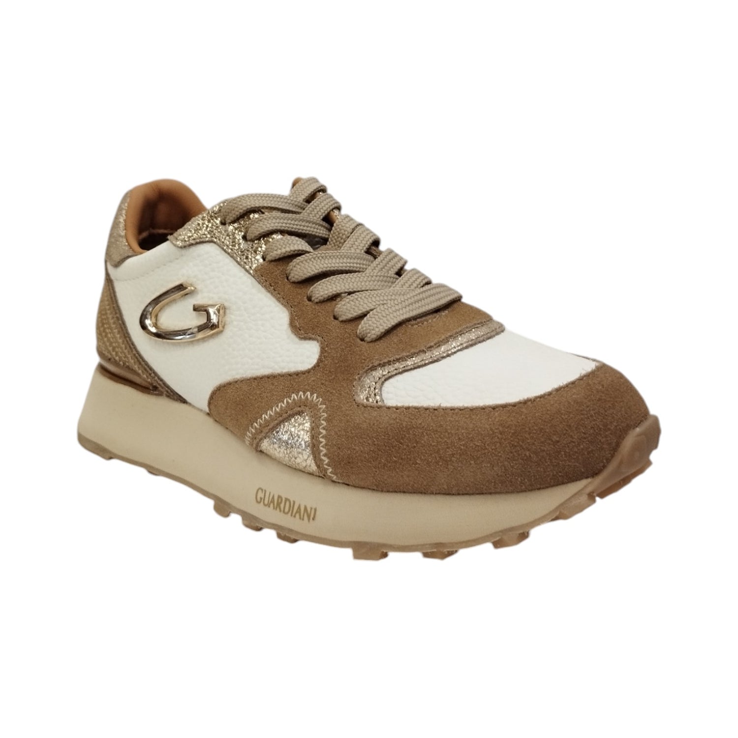 Guardiani Sneakers Bianca Beige in Pelle e Camoscio da Donna