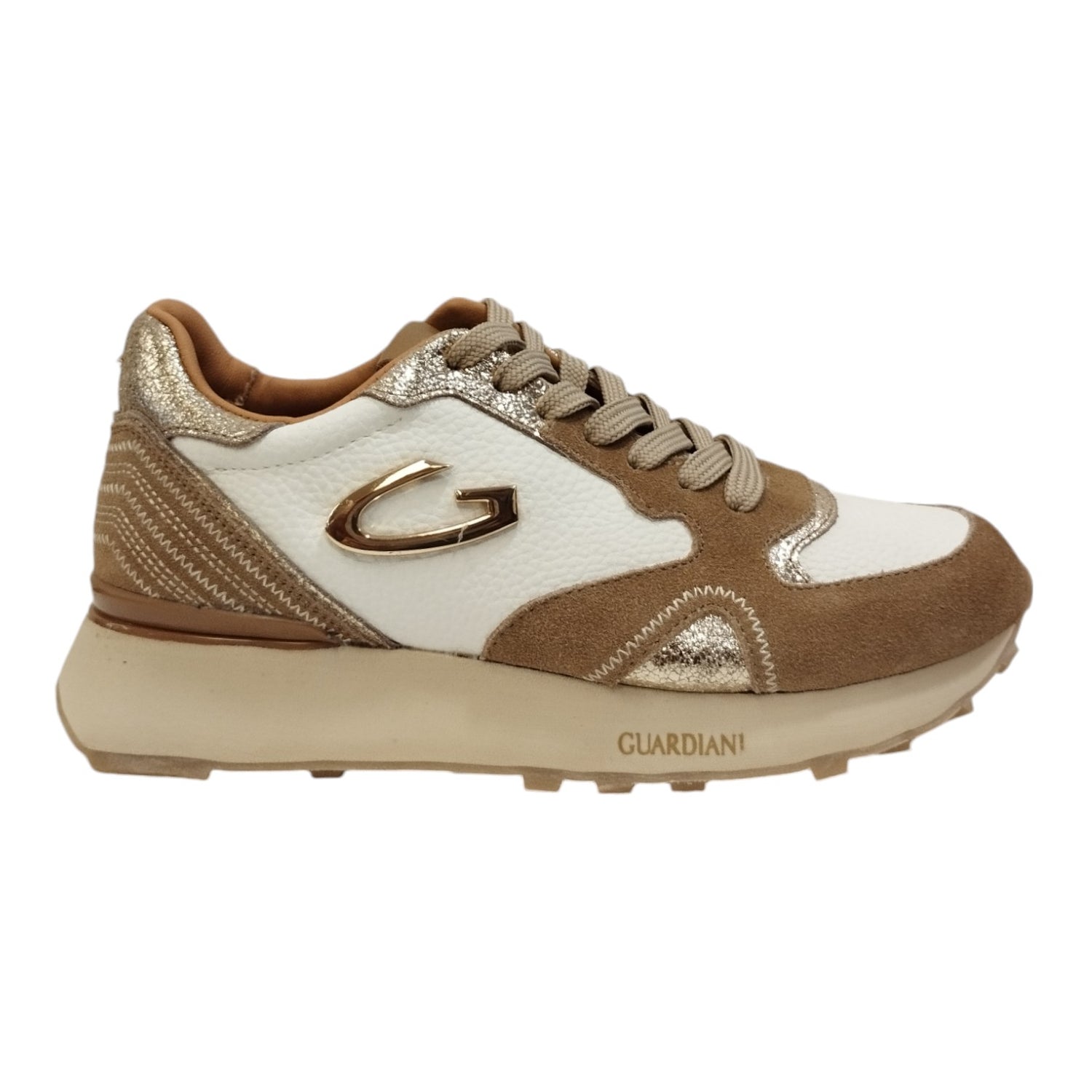 Guardiani Sneakers Bianca Beige in Pelle e Camoscio da Donna