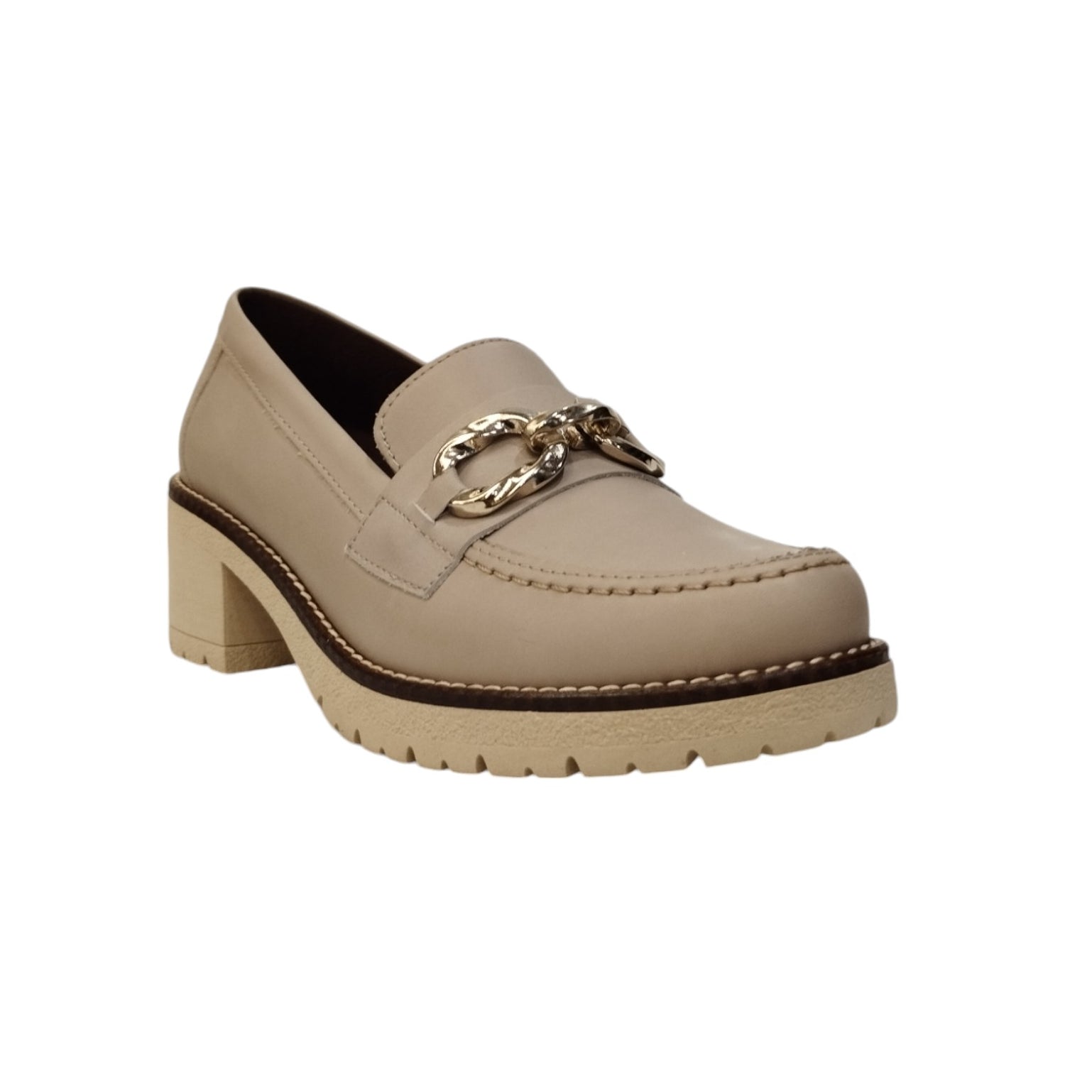 Pitillos Mocassino Donna in Pelle Pietra con Morsetto Frontale e Tacco Largo di 6cm