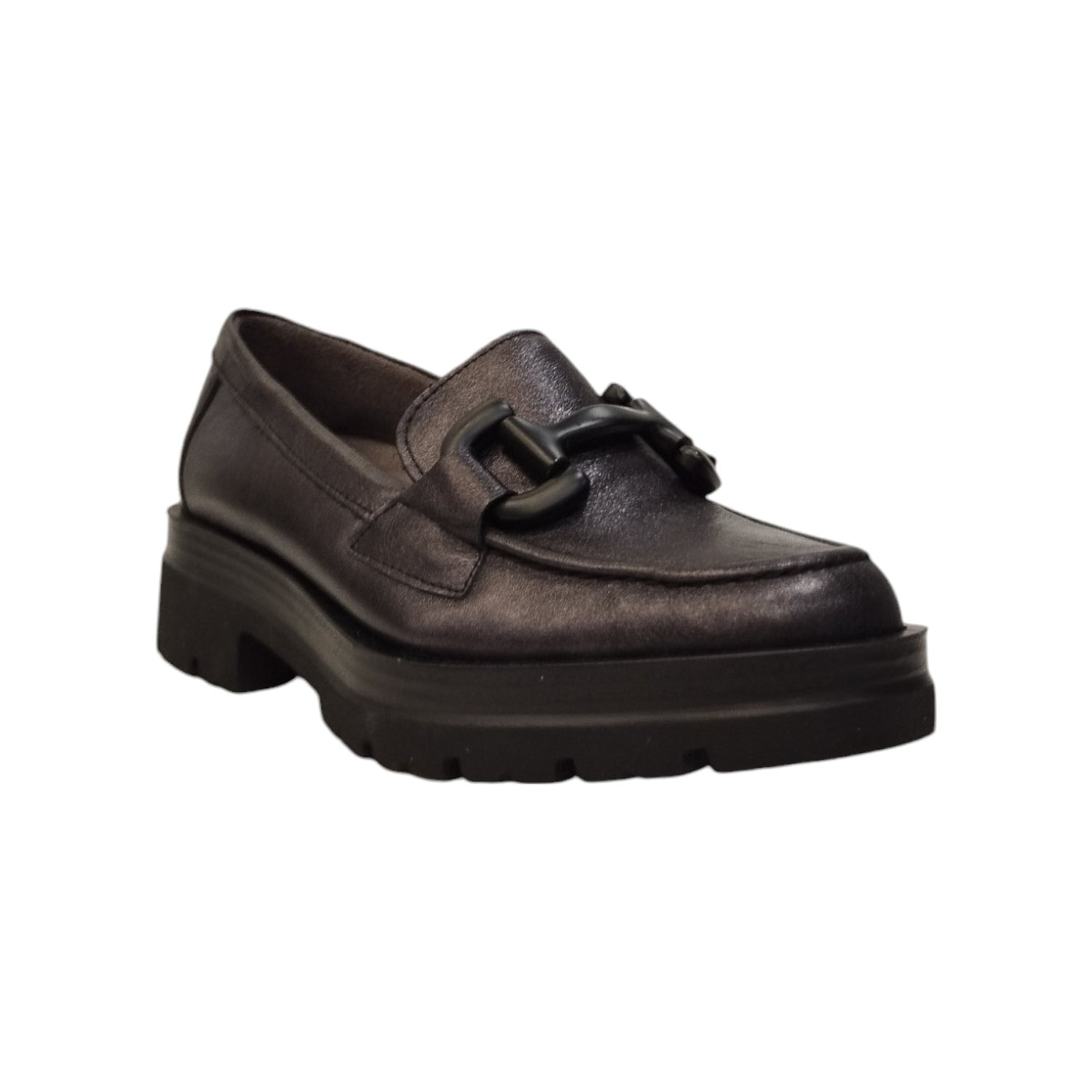 Pitillos Mocassino Donna in Pelle Antracite con Catena e Tacco Largo di 5cm
