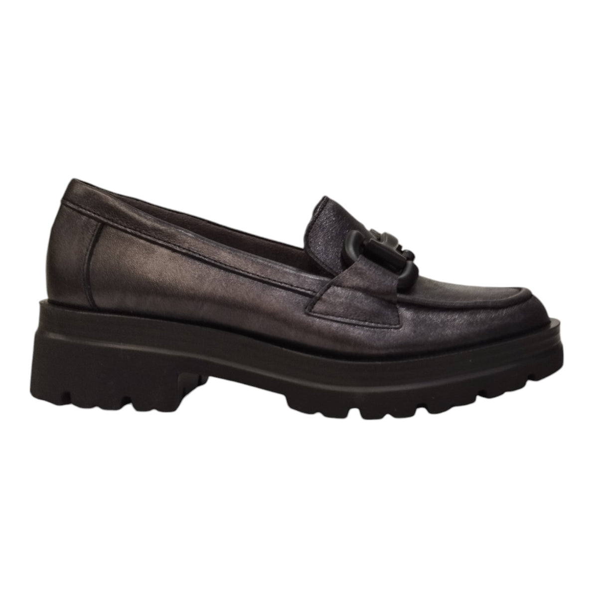 Pitillos Mocassino Donna in Pelle Antracite con Catena e Tacco Largo di 5cm