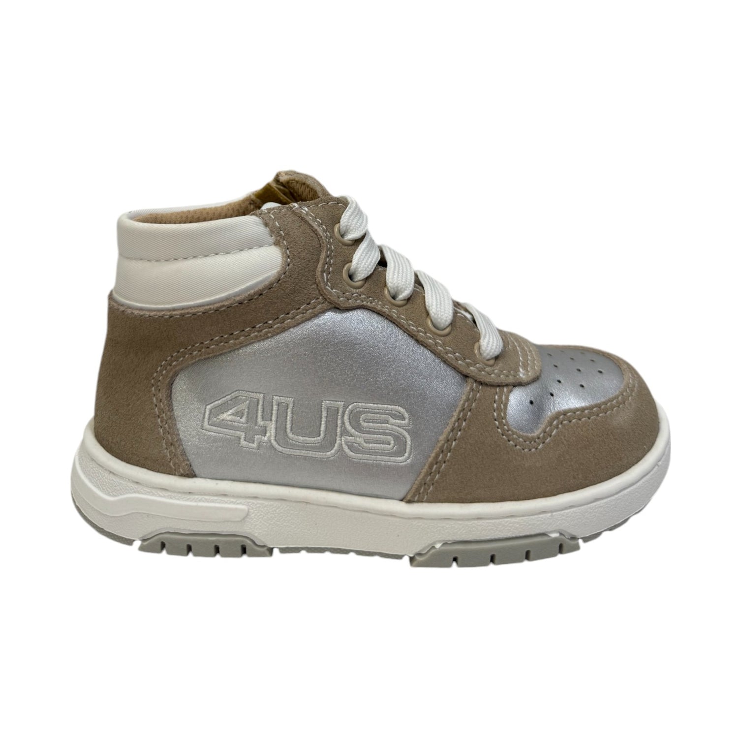 4us Sneakers Alta Beige Argento in Misto Pelle e Camoscio da Bambina