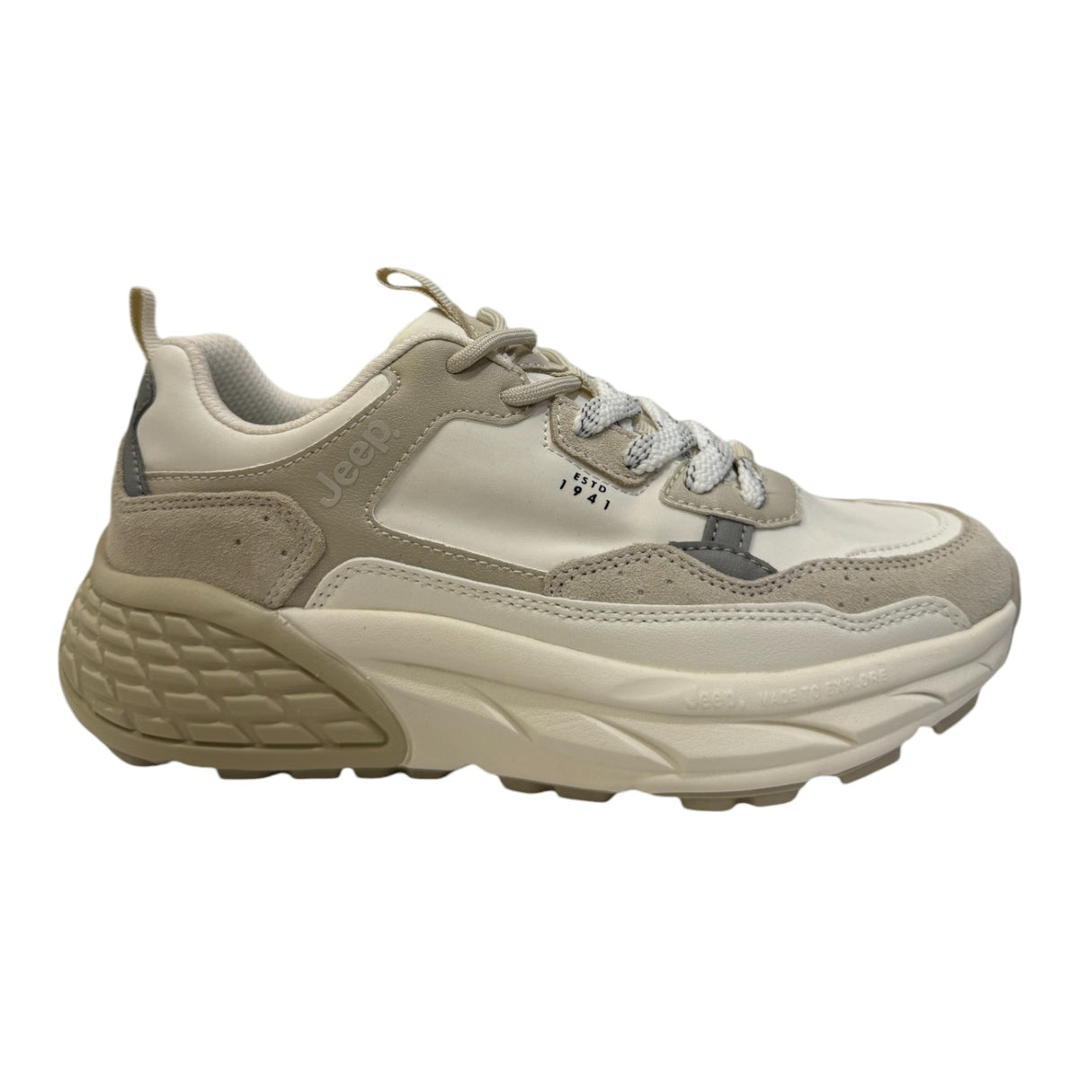 Jeep Sneakers Donna in Camoscio e Ecopelle Bianca con Fondo Rialzato Beige