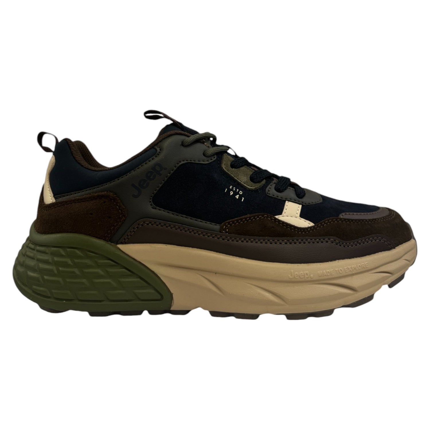Jeep Sneakers Uomo in Camoscio e Tessuto Blu con Fondo Rialzato Beige e Verde