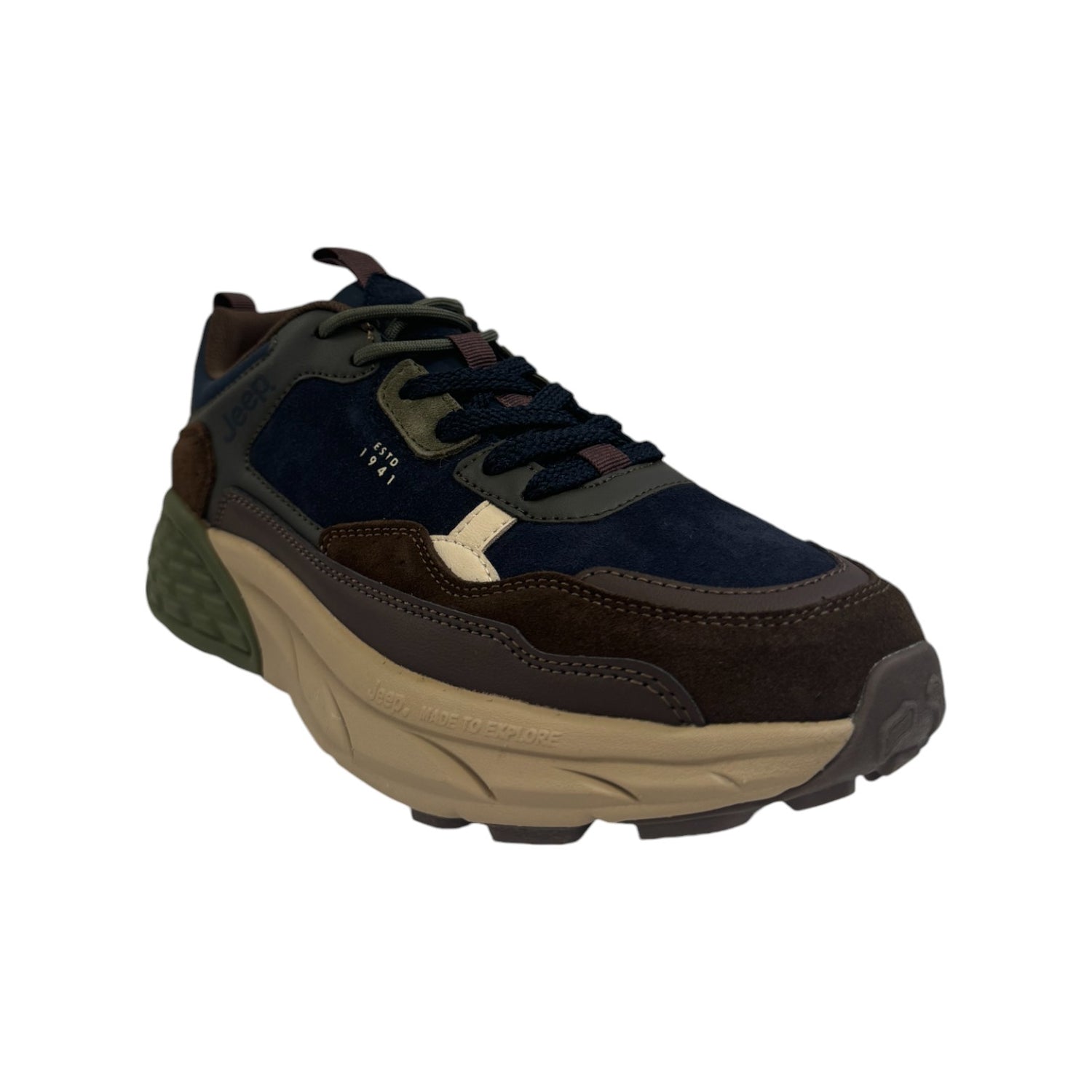 Jeep Sneakers Uomo in Camoscio e Tessuto Blu con Fondo Rialzato Beige e Verde