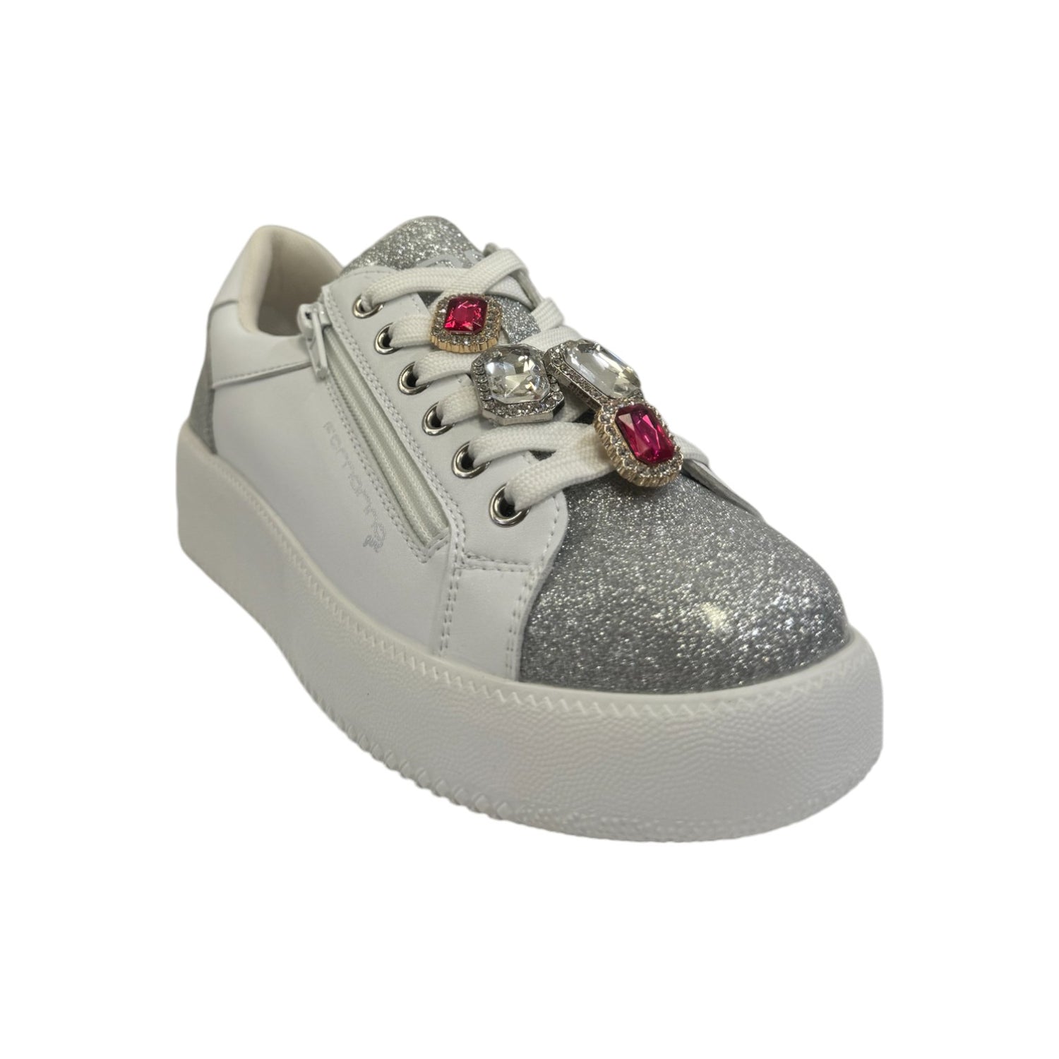 Fornarina Kitty Sneakers Bianca Argento con Lacci e Zip Laterale da Bambina