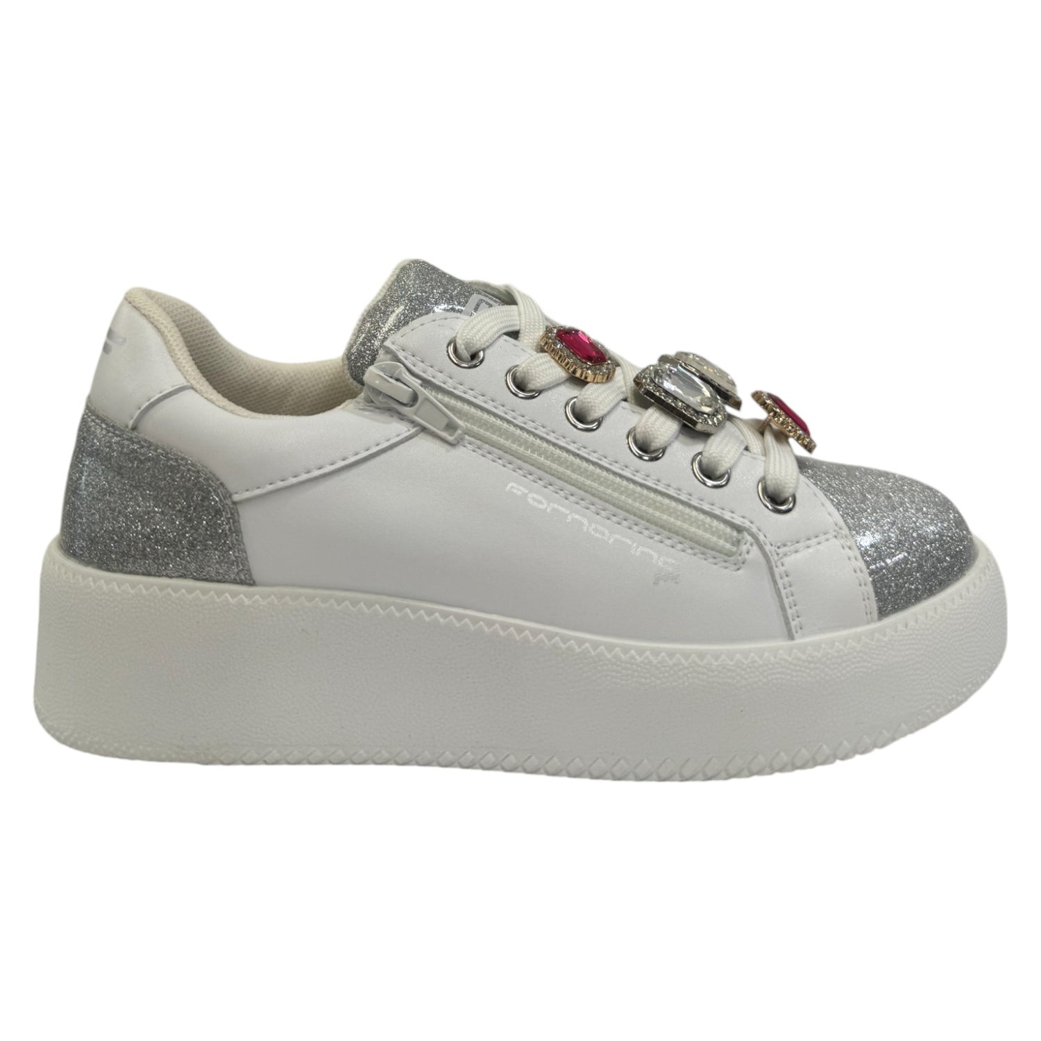 Fornarina Kitty Sneakers Bianca Argento con Lacci e Zip Laterale da Bambina