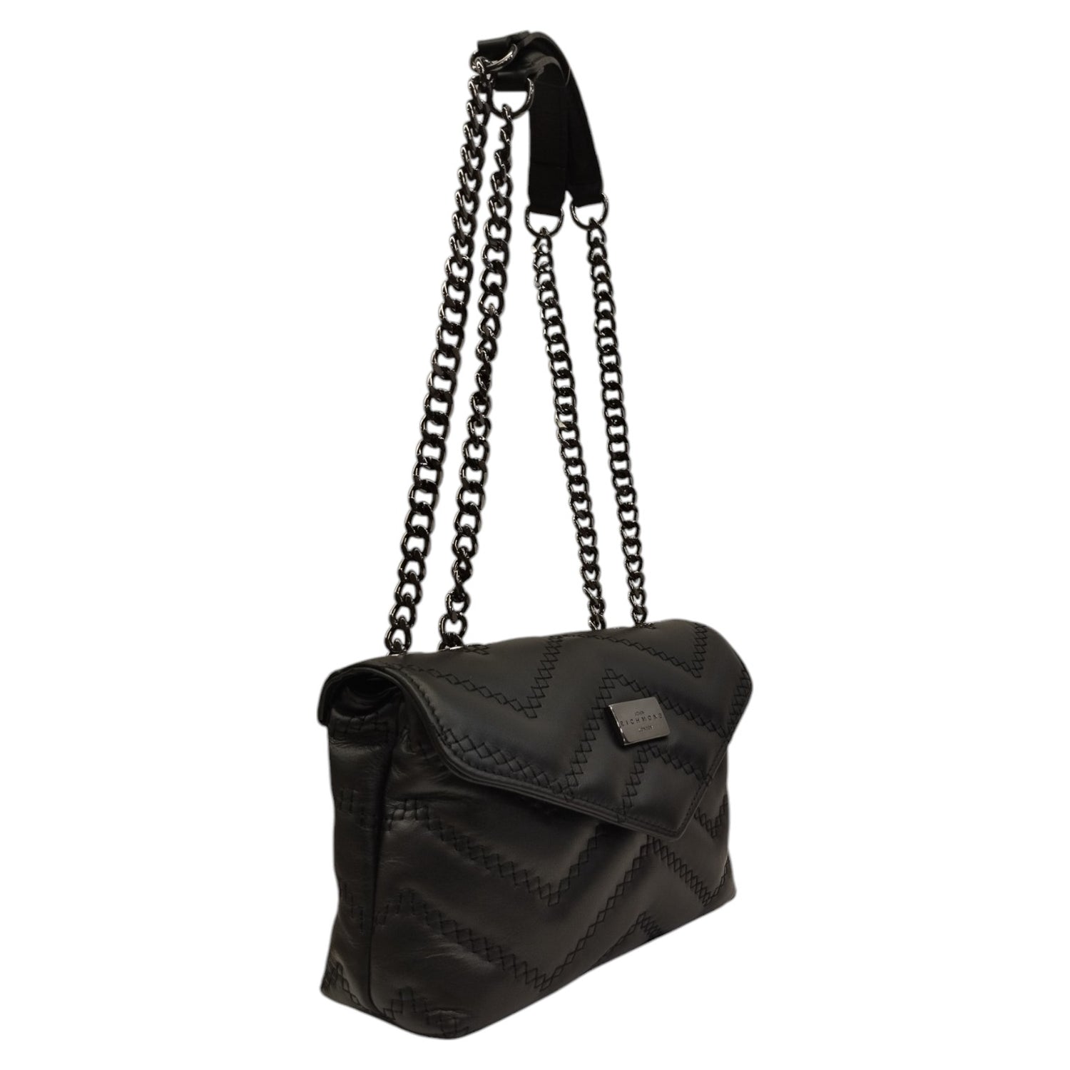 John Richmond Borsa a Tracolla Piccola in Pelle Trapuntata Nera con Metalleria Piombo