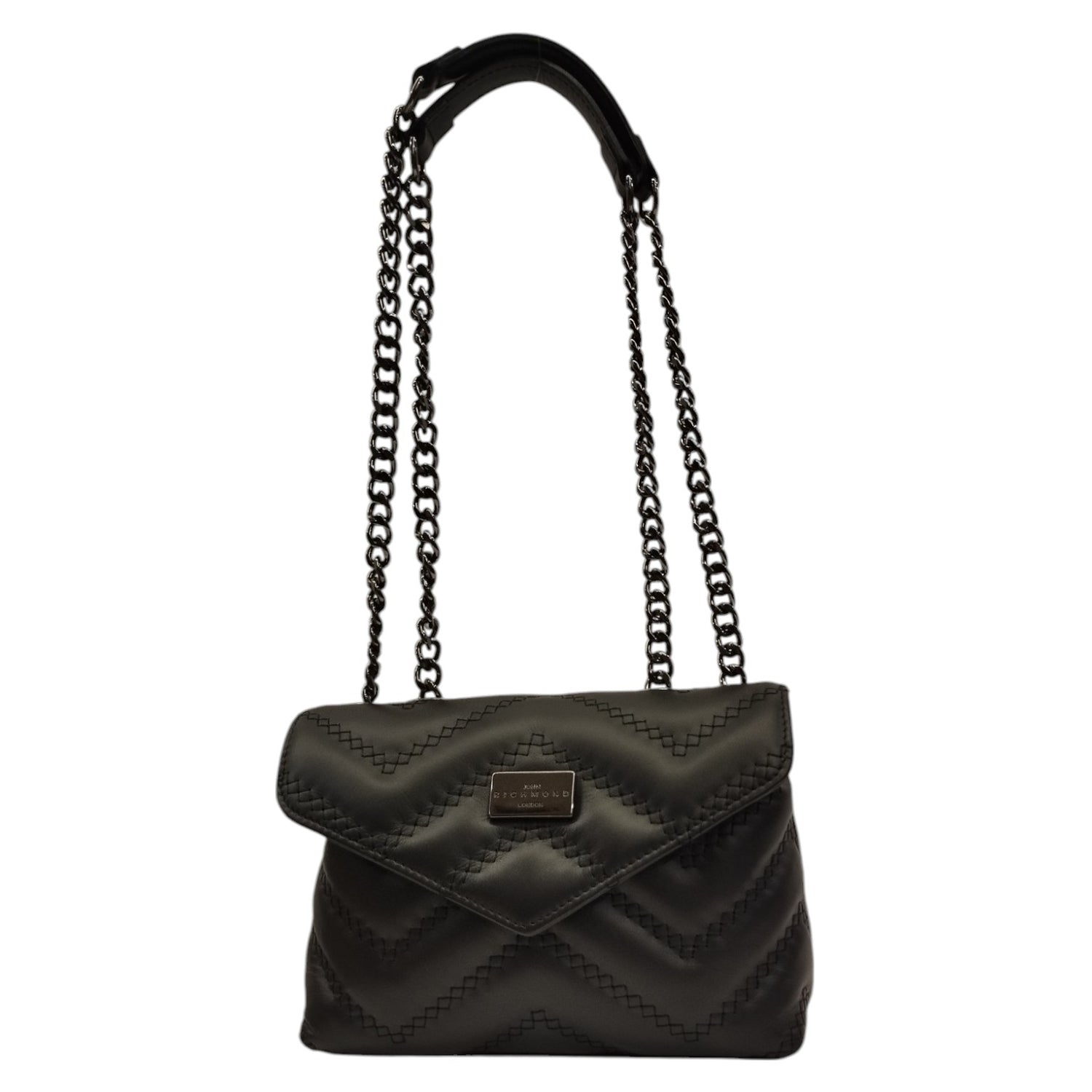 John Richmond Borsa a Tracolla Piccola in Pelle Trapuntata Nera con Metalleria Piombo