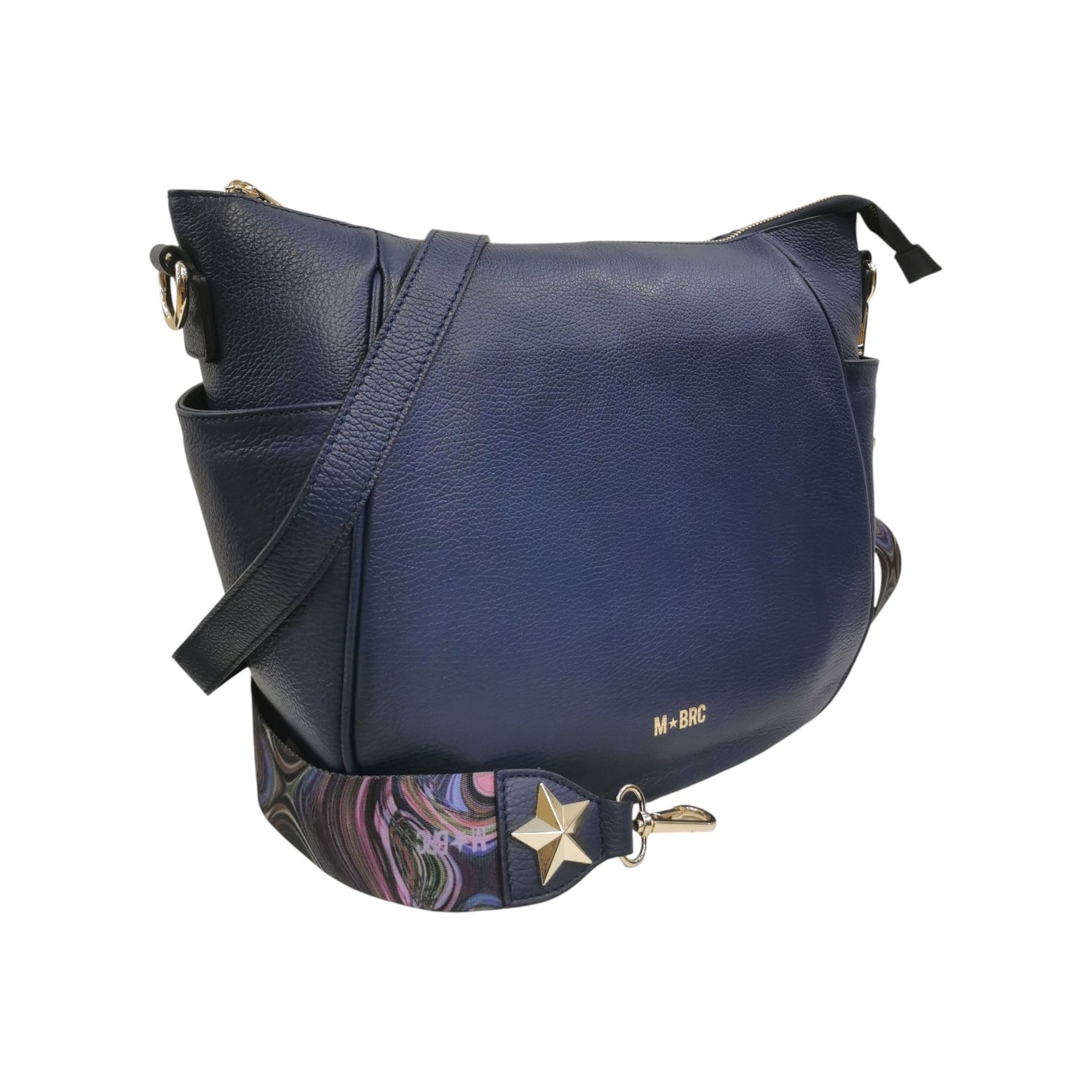 M Brc Borsa a Spalla Donna Linea Obona in Pelle Blu con Doppia Tracolla