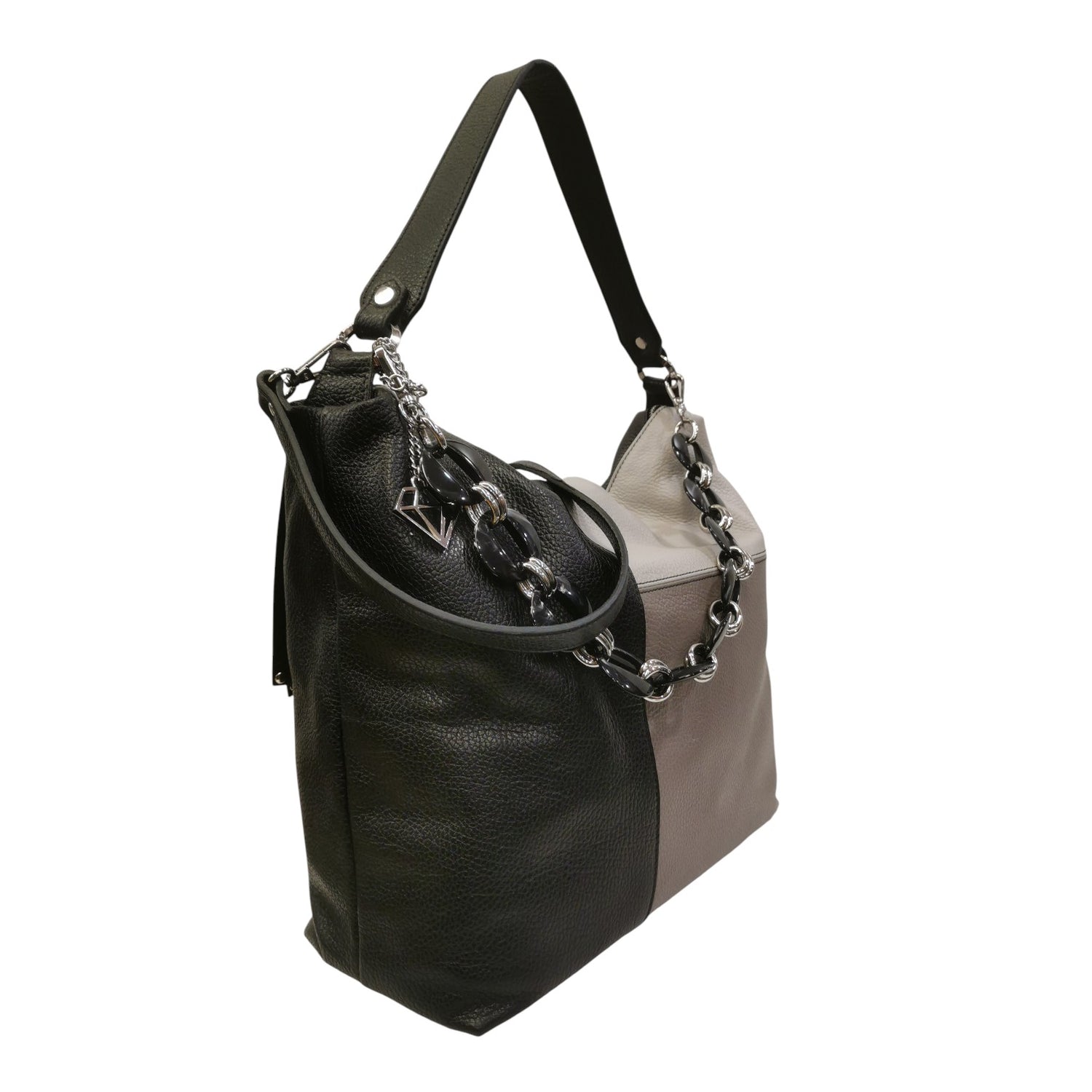 Caleidos Borsa a Spalla Donna in Pelle Nero Multi con Catena Removibile e Tracolla